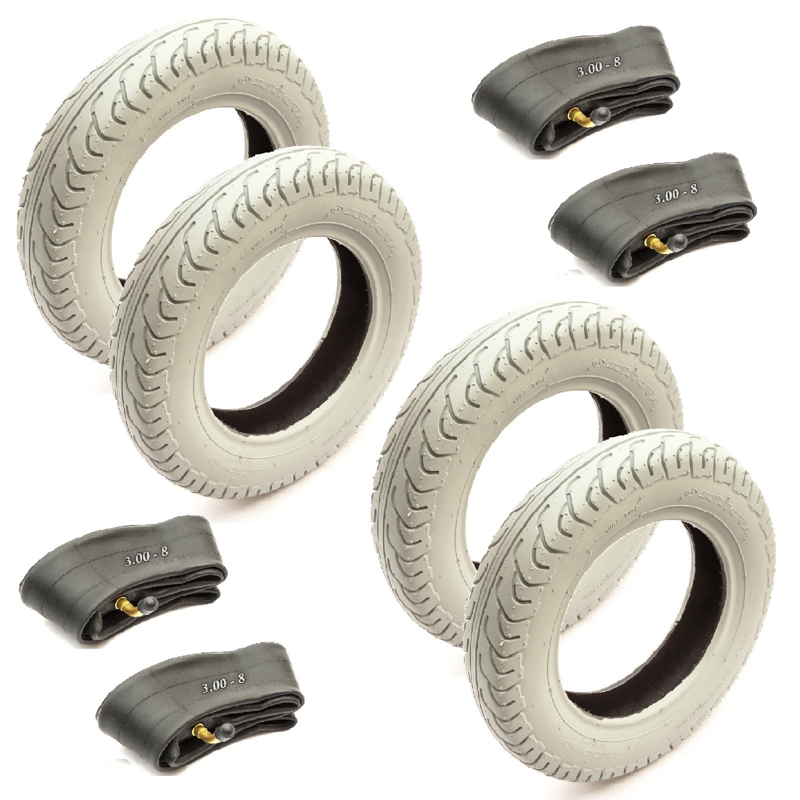 4x Tyre 3.00-8 & Bent Valve Inner Tube Set Road Tread Grey Mobility Scooter