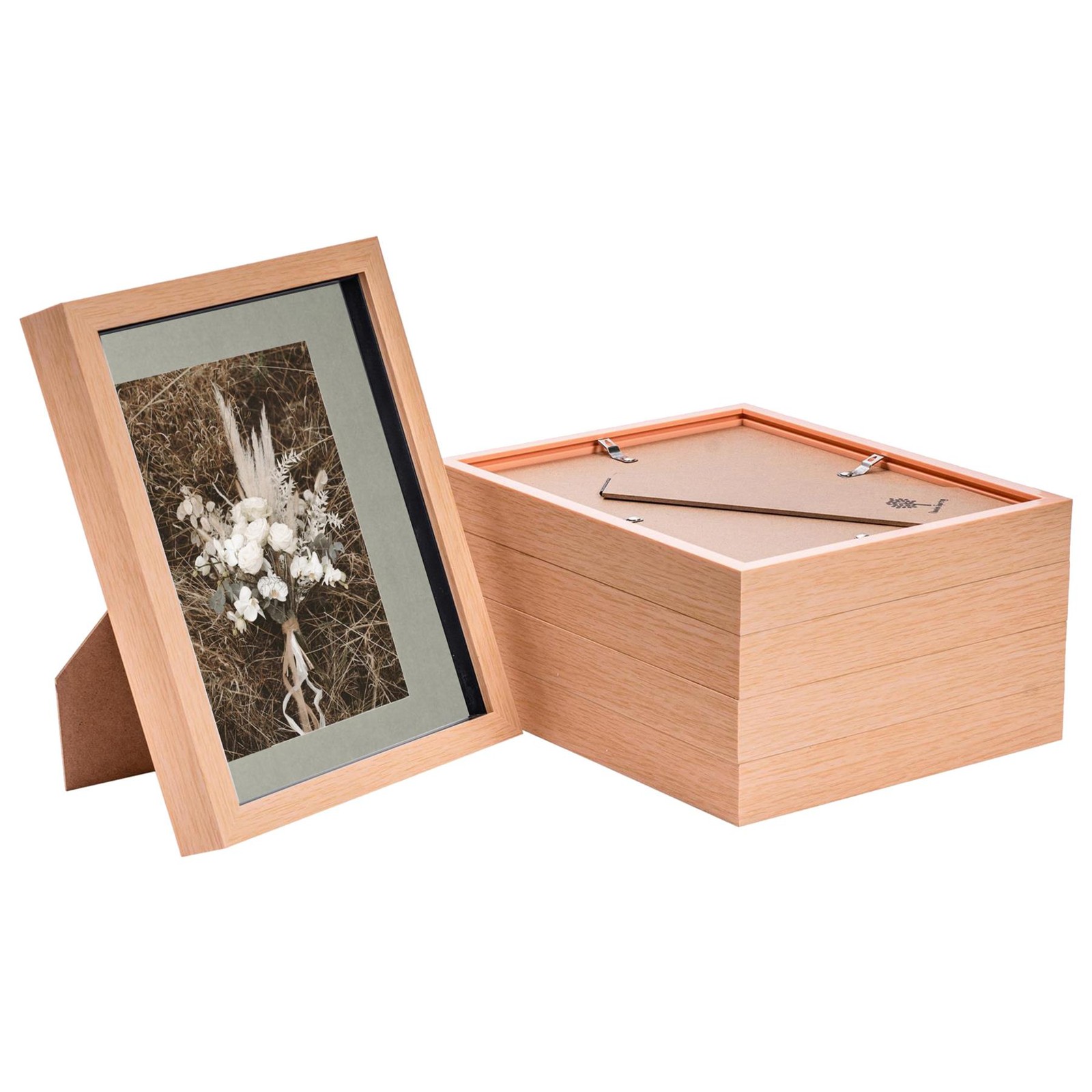 5x 3D Box Photo Frames Display 8 x 10" with 5 x 7" Mount Light Wood/Grey
