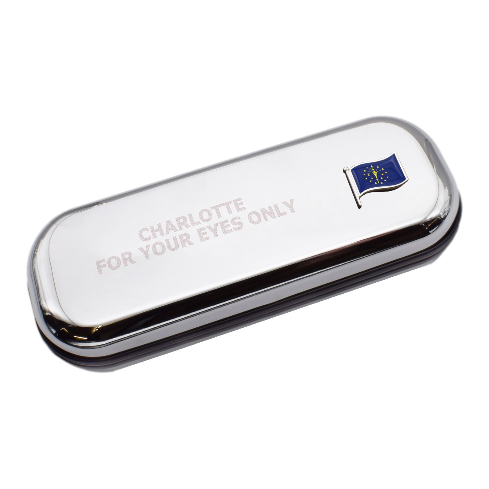 Indiana Wave Flag & Engraved With Message Chromed Glasses Case Box