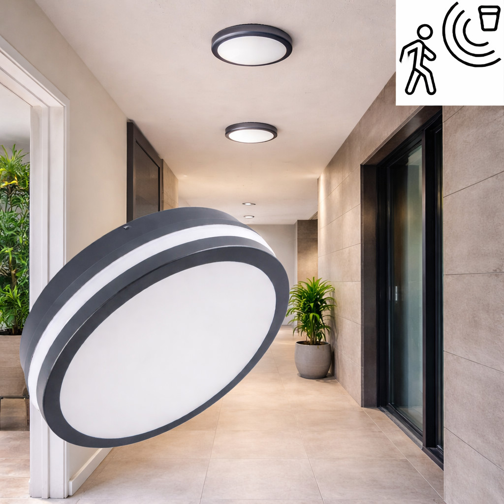 12–18W LED Outdoor Ceiling & Wall Light IP65 Motion Sensor Multi-Wattage CCT