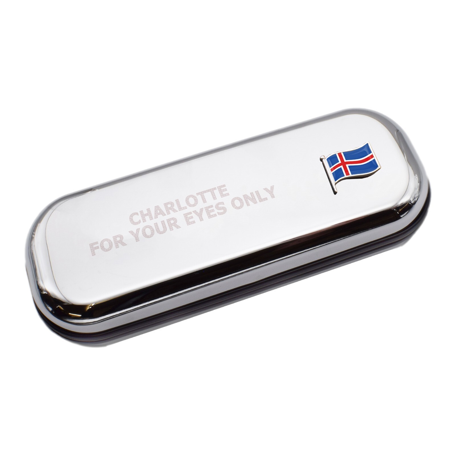 Iceland Wave Flag & Engraved With Message Chromed Glasses Case Box