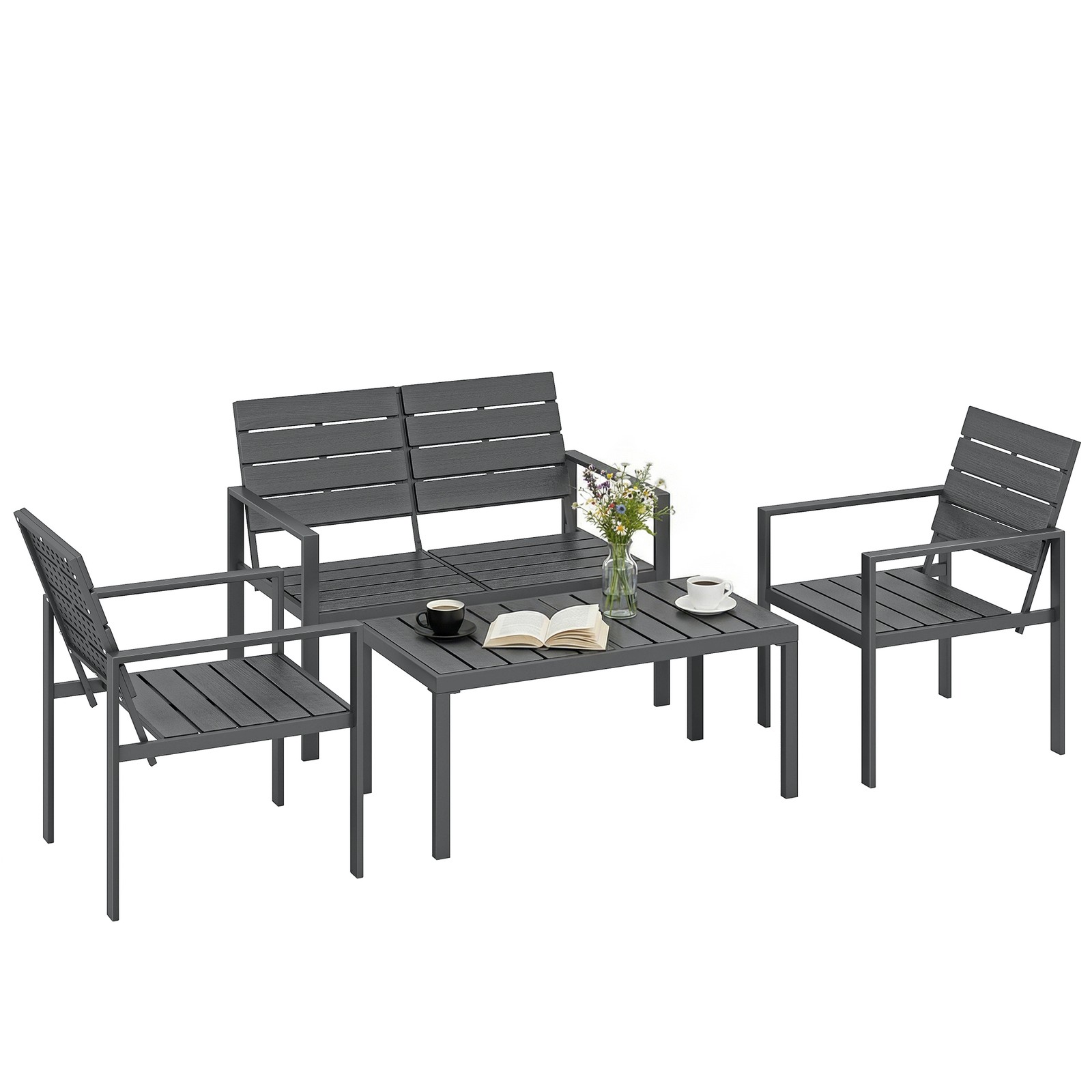 Outsunny 4 Piece Garden Furniture Set, HDPE Metal Outdoor Sofa, Dark Grey