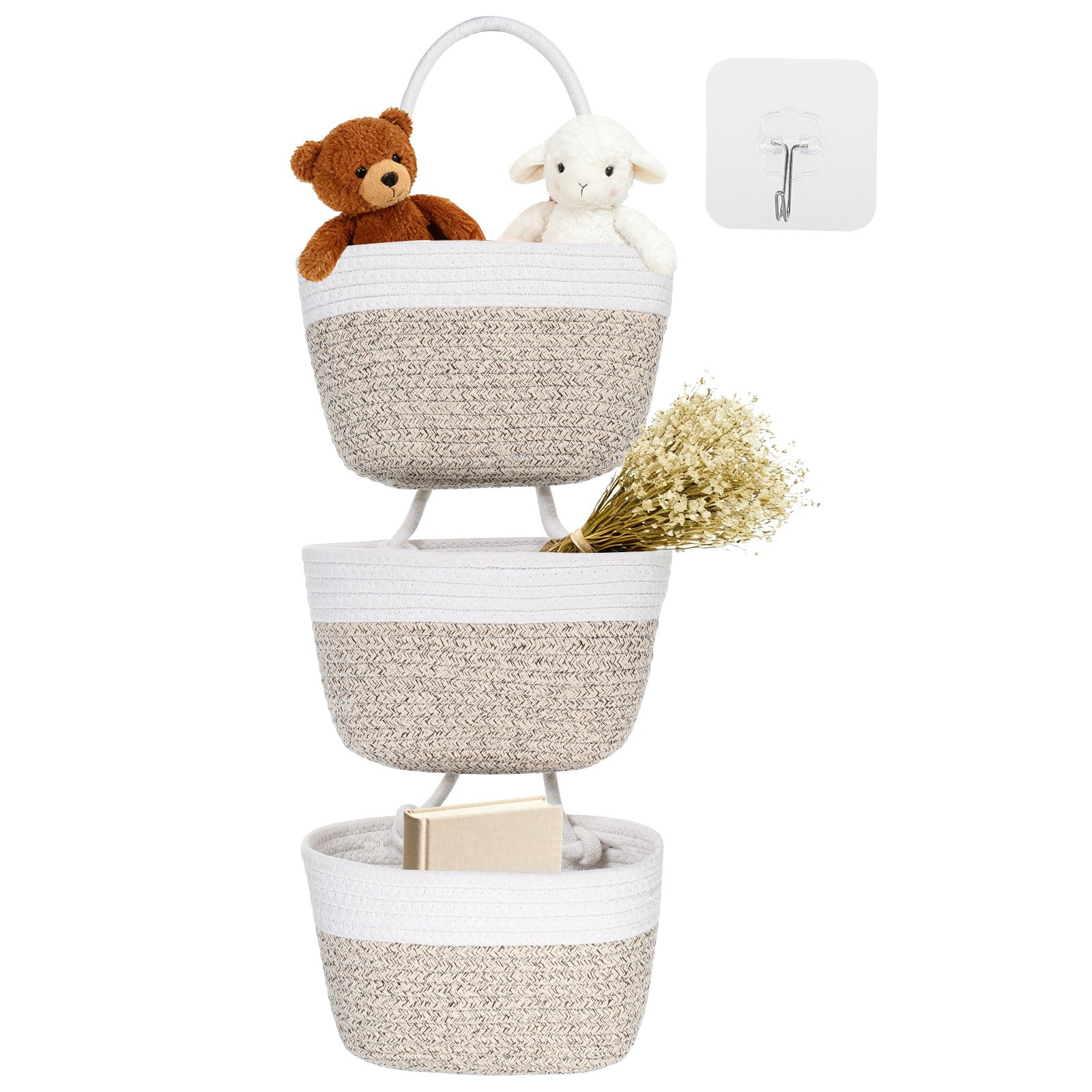 Over the Door Basket, 3 Tier Cotton Rope Woven Hanging Basket, Brown-white