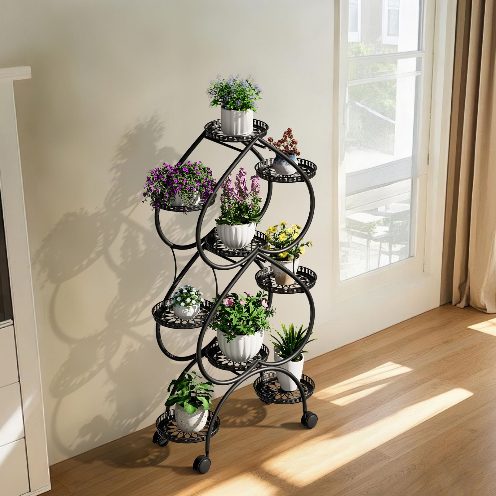 XXL Black Iron Metal Plant Stand 9-Potted Flower Holder with Wheels Display Rack