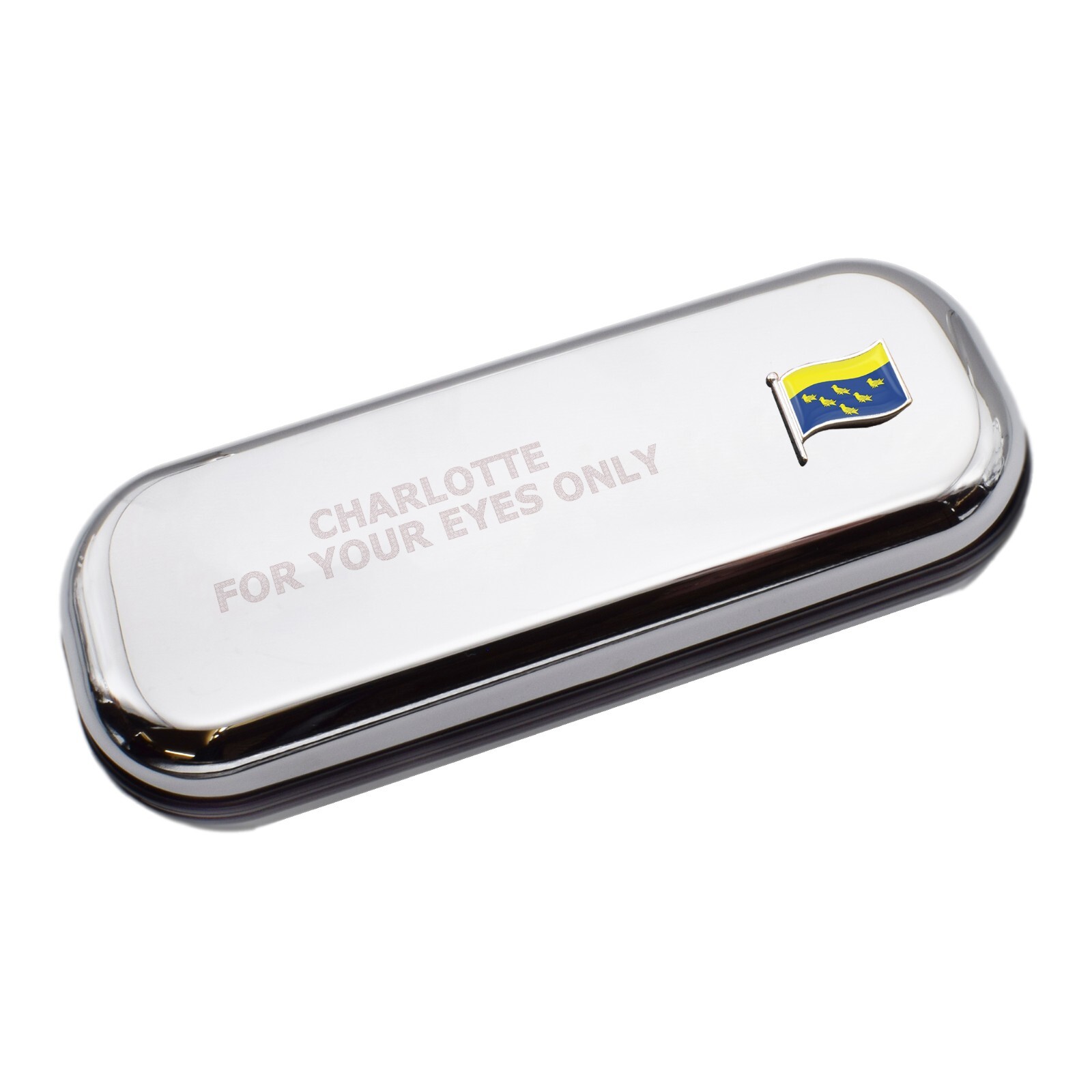 West Sussex Wave Flag & Engraved With Message Chromed Glasses Case Box