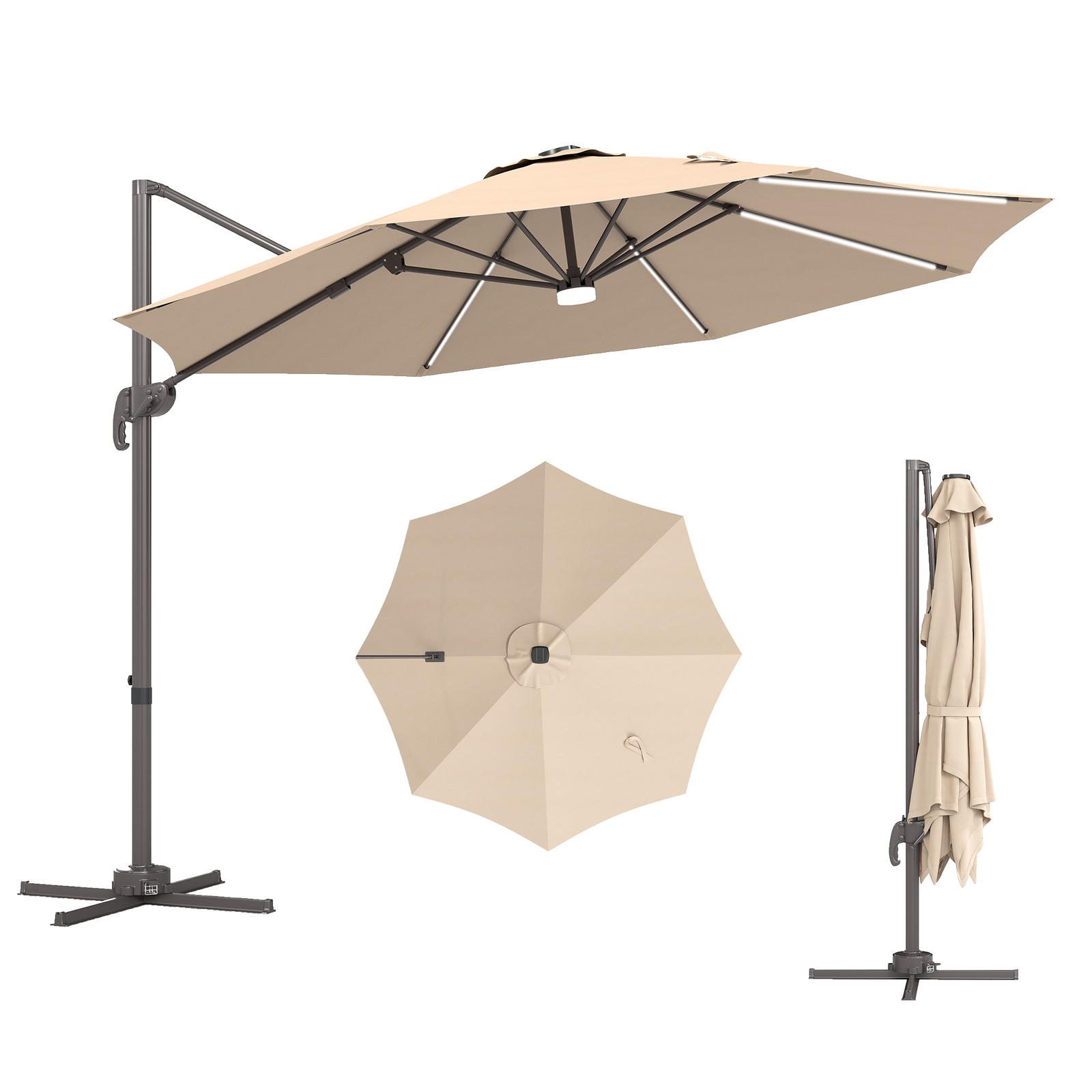 Outsunny 3 m LED Cantilever Parasol Outdoor with Base Solar Lights Brown