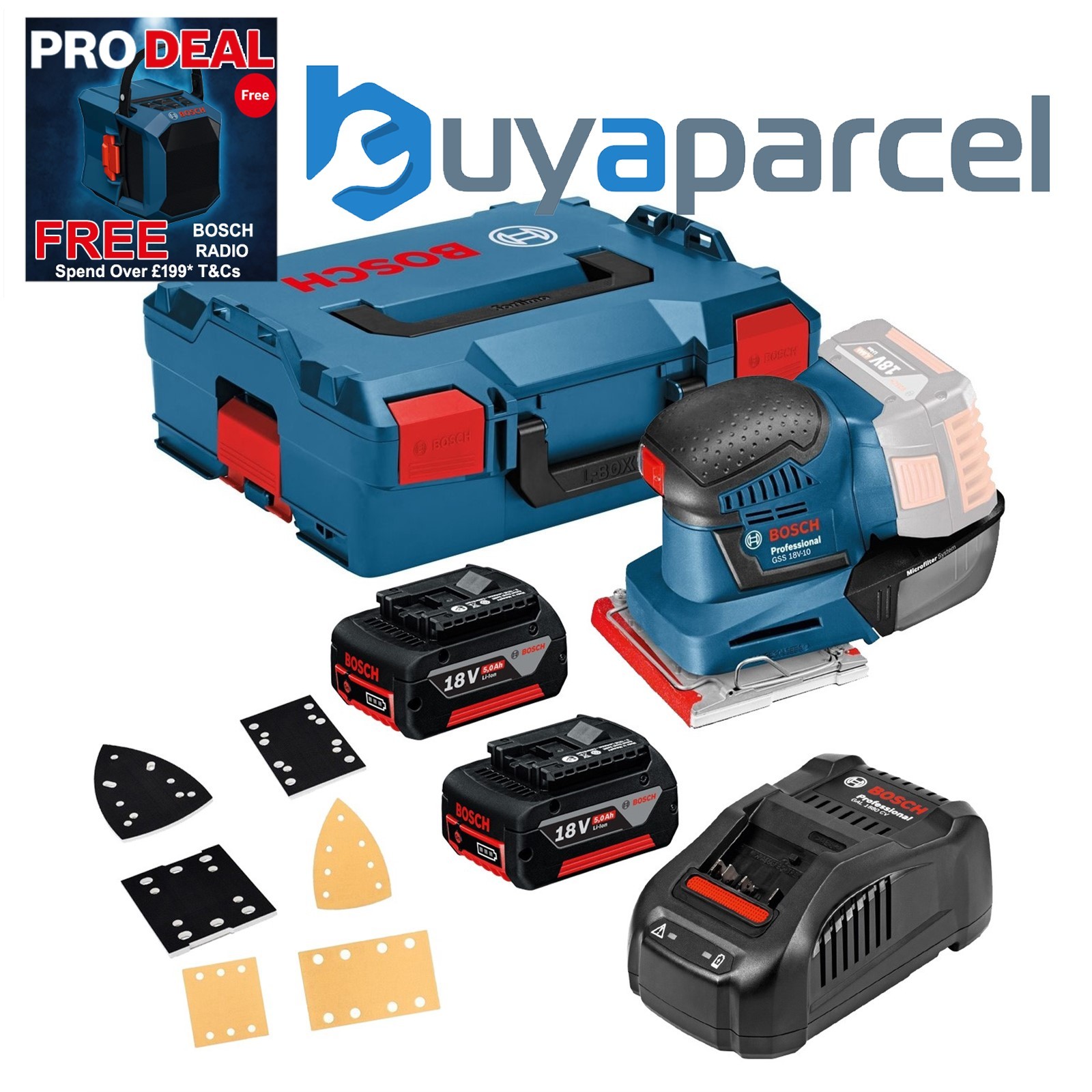 Bosch GSS18V-10 18v Li-ion Multi Base Orbital Detail Sander +3 Plates 2 X 5ah
