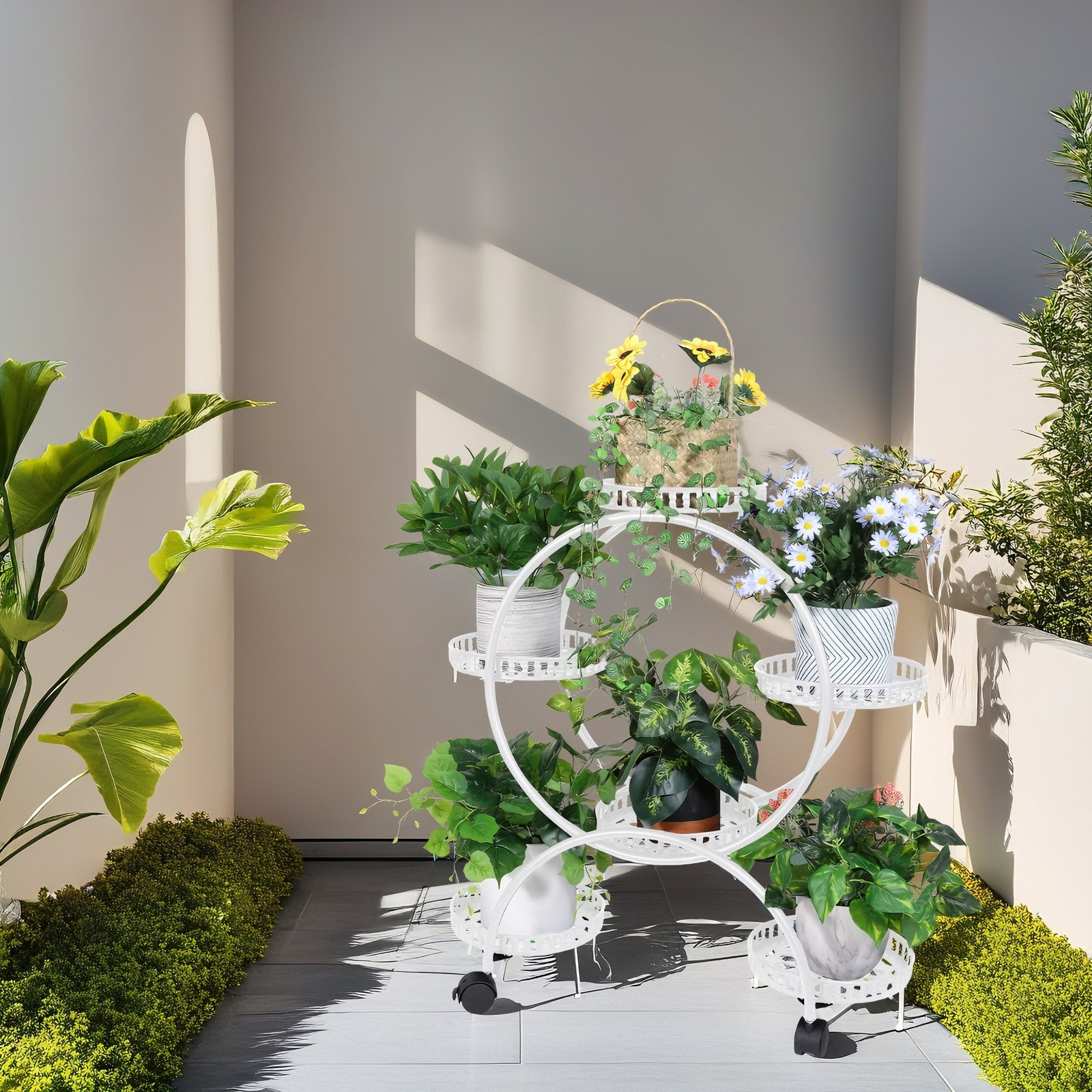 6 Flower Pots White Plant Stand Planter Rack for Patio Garden Corner Home Office