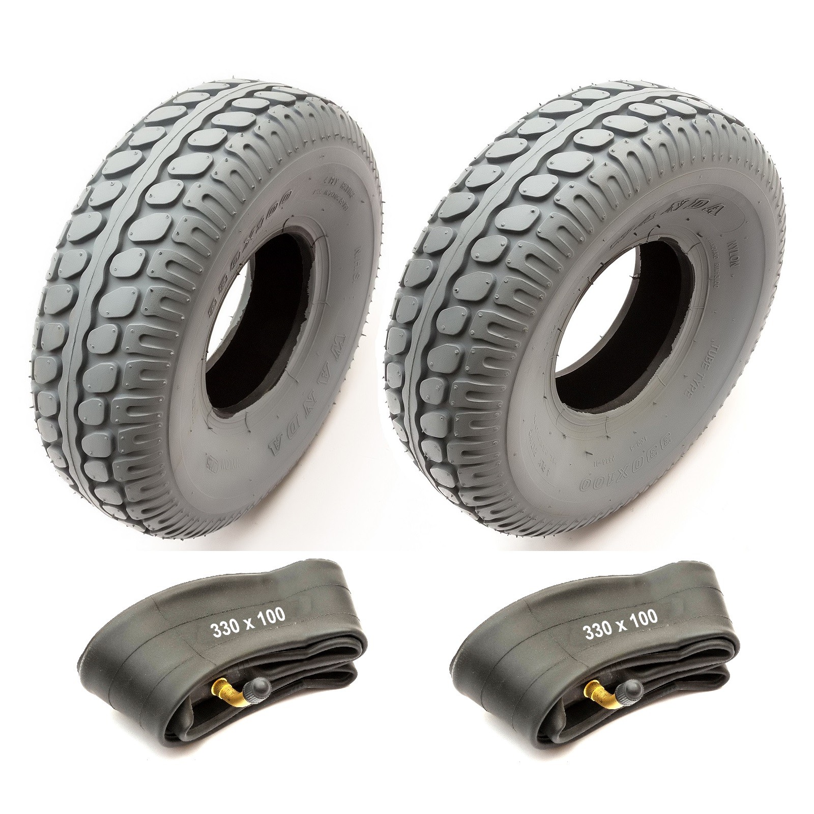 2x Tyre & Tube 330x100 Mobility Scooter 4Ply Grey Non Marking Tire 5" Bent Valve