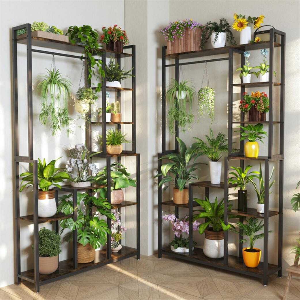 7 Tier Tall Vertical Plant Shelf Industrial Metal Wood Flower Stand Display Rack