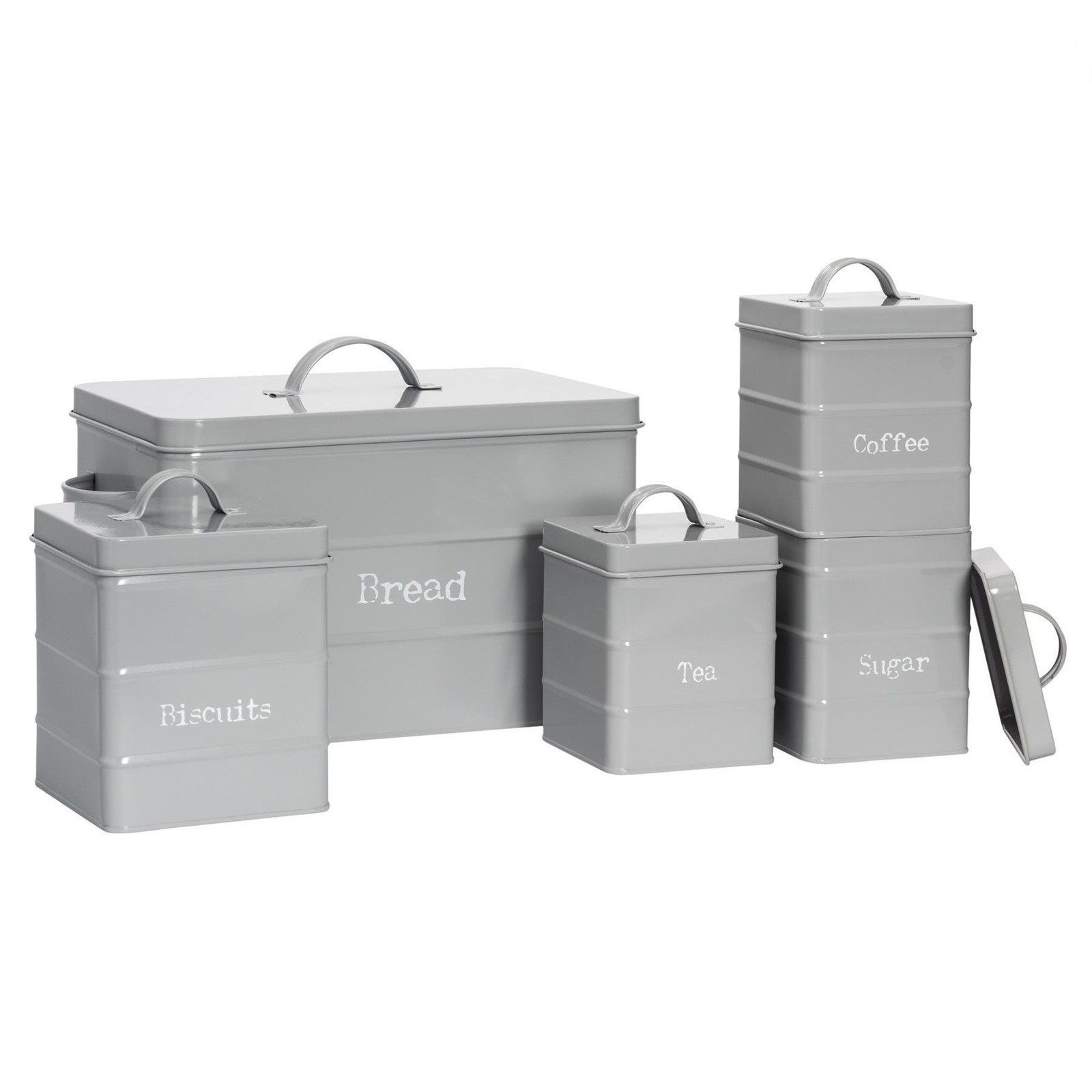 5x Kitchen Storage Canisters Set Tea Coffee Sugar Bread Vintage Metal Grey