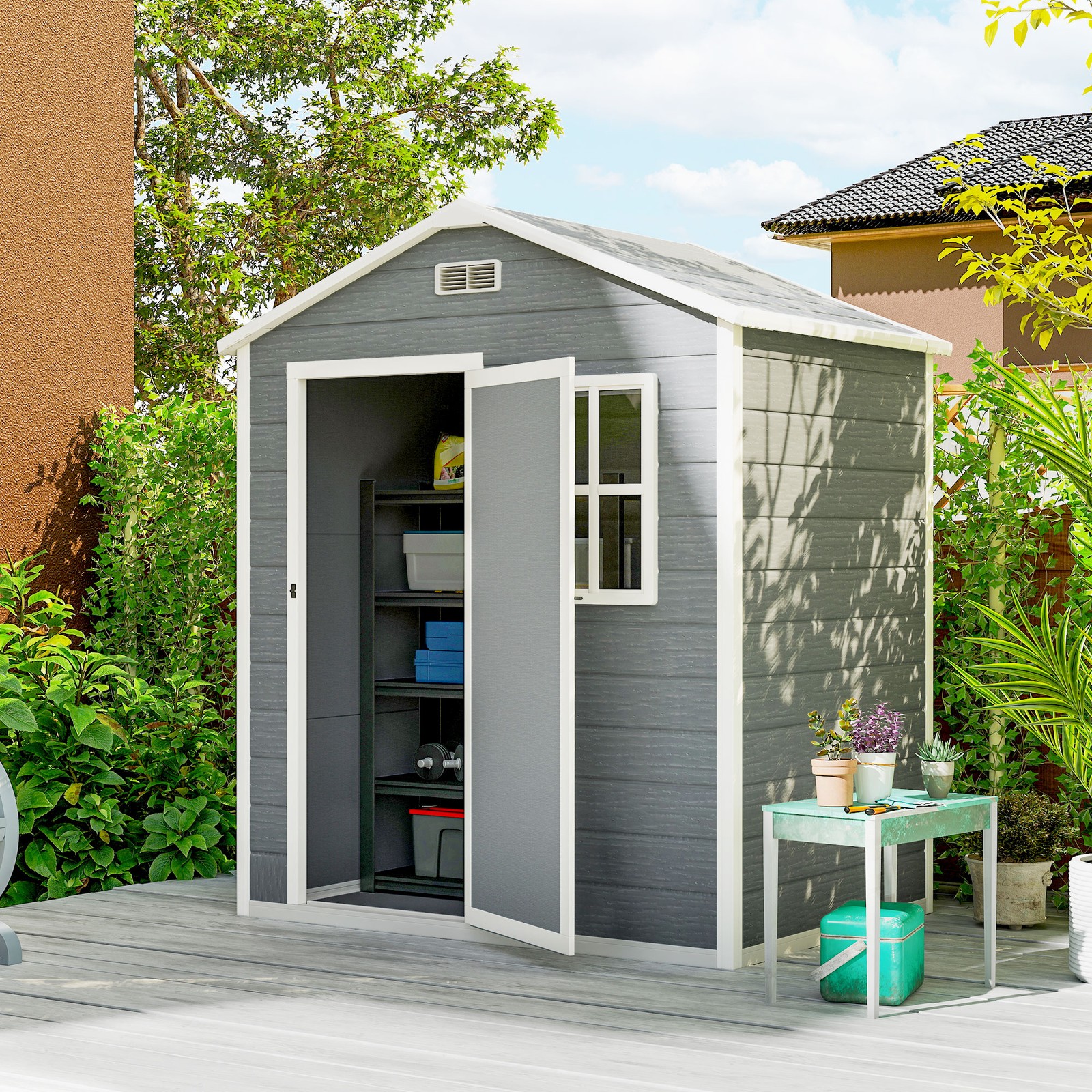6 x 4ft Plastic Garden Shed with Floor, Window, Lockable Door, Grey