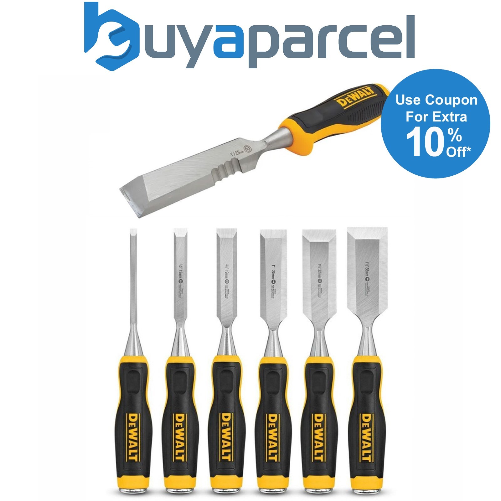 Dewalt DWHT16852-9 6pc Wood Chisel Set and Side Strike 25mm Chisel DWHT0-16065