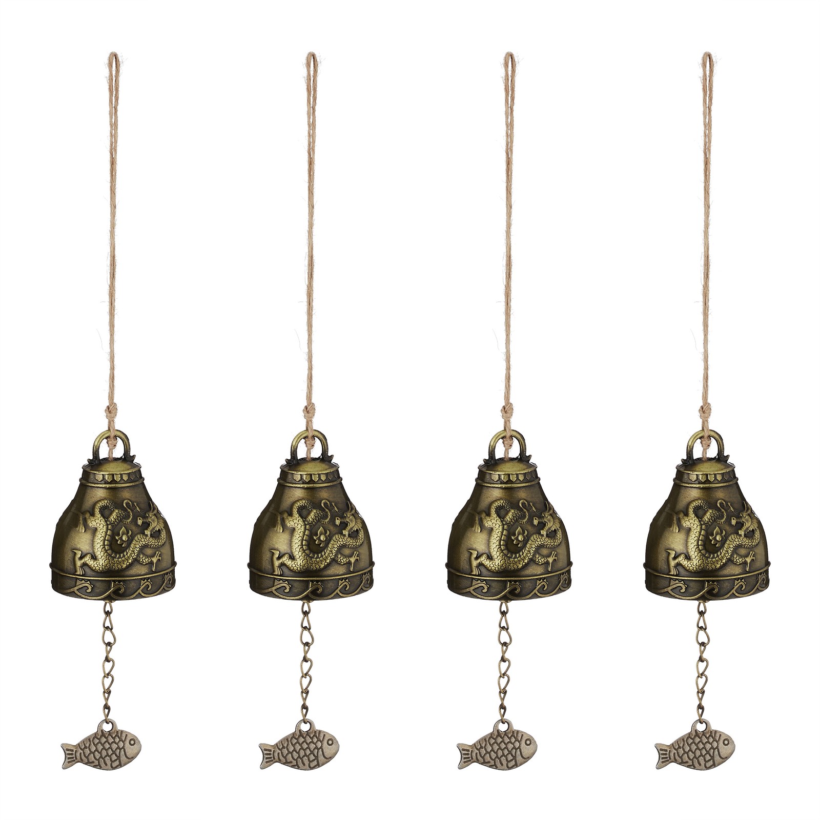 Feng Shui Wind Chime Set of 4 with Bells Garden Decor Phoenix & Dragon Symbol