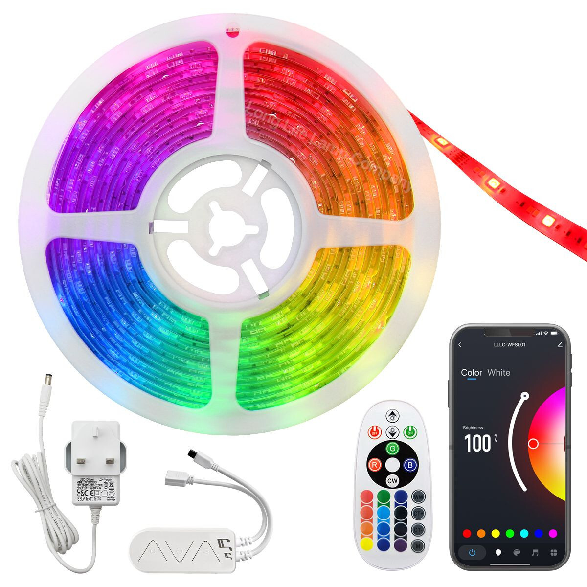 5M Smart WiFi RGB LED Strip Light Mains Plug Kit with IR Remote App WFSL01
