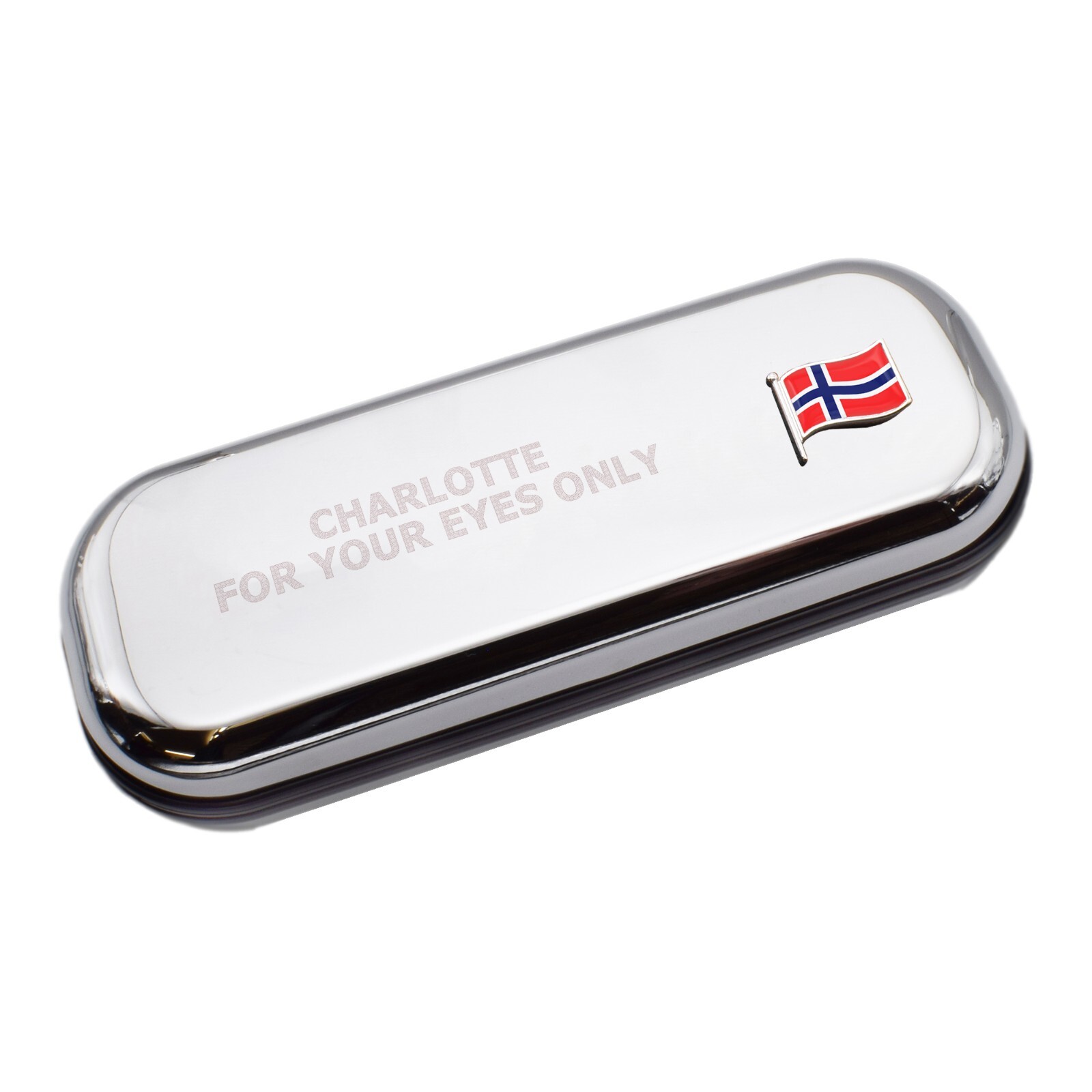 Norway Wave Flag & Engraved With Message Chromed Glasses Case Box