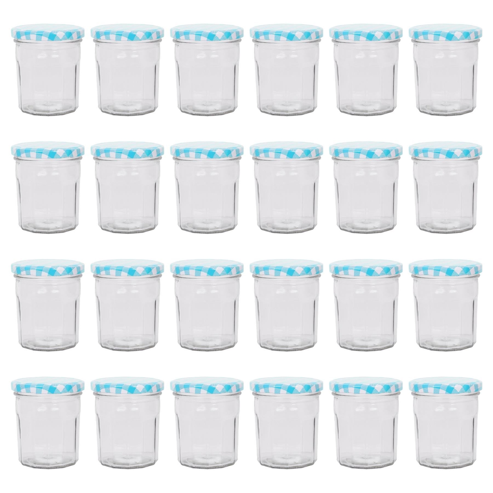 24x 250ml Glass Jam Jars with Blue Gingham Lids Chutney Preserve Honey Storage