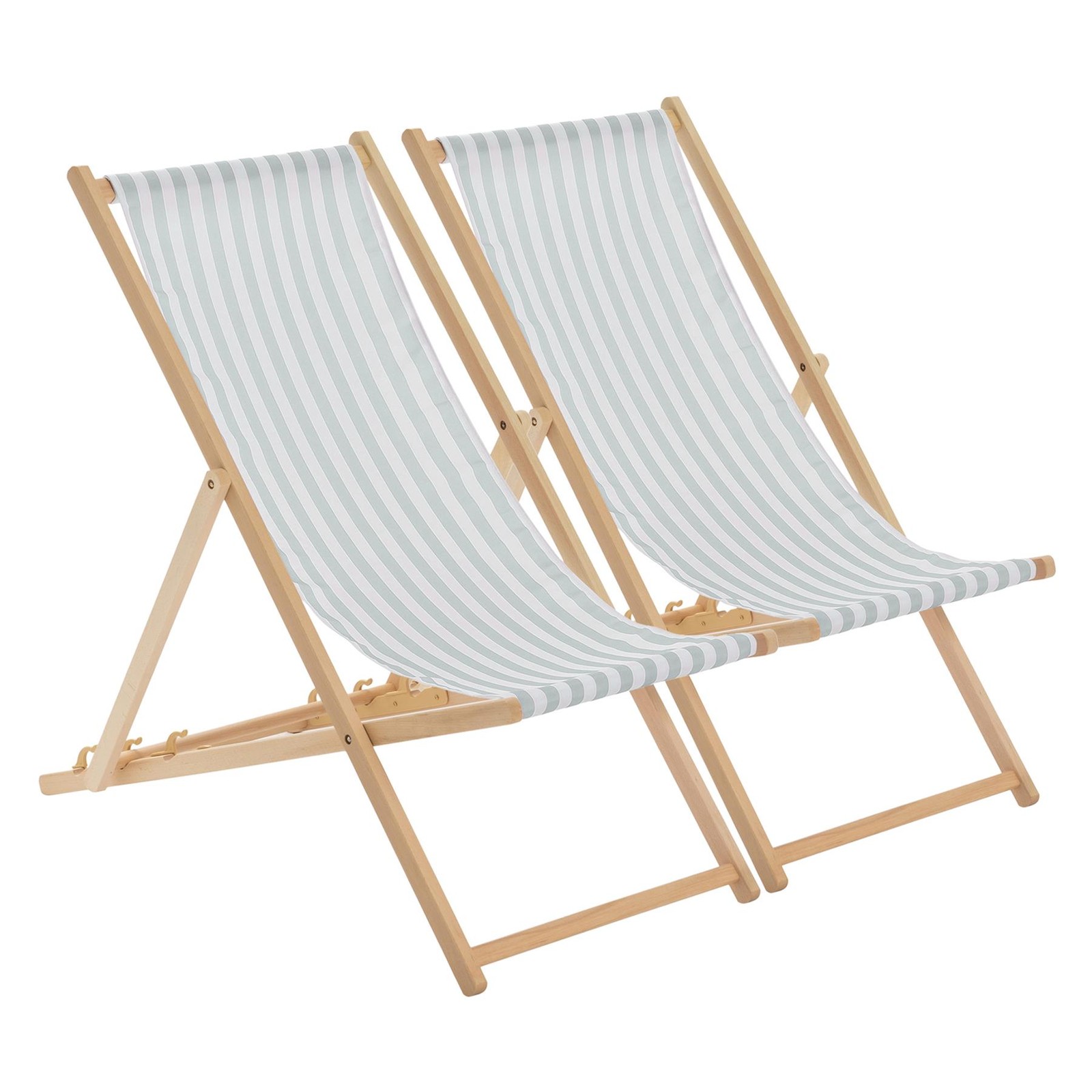 2x Sage Grey Stripe Folding Wooden Deck Chairs Outdoor Garden Beach Camping