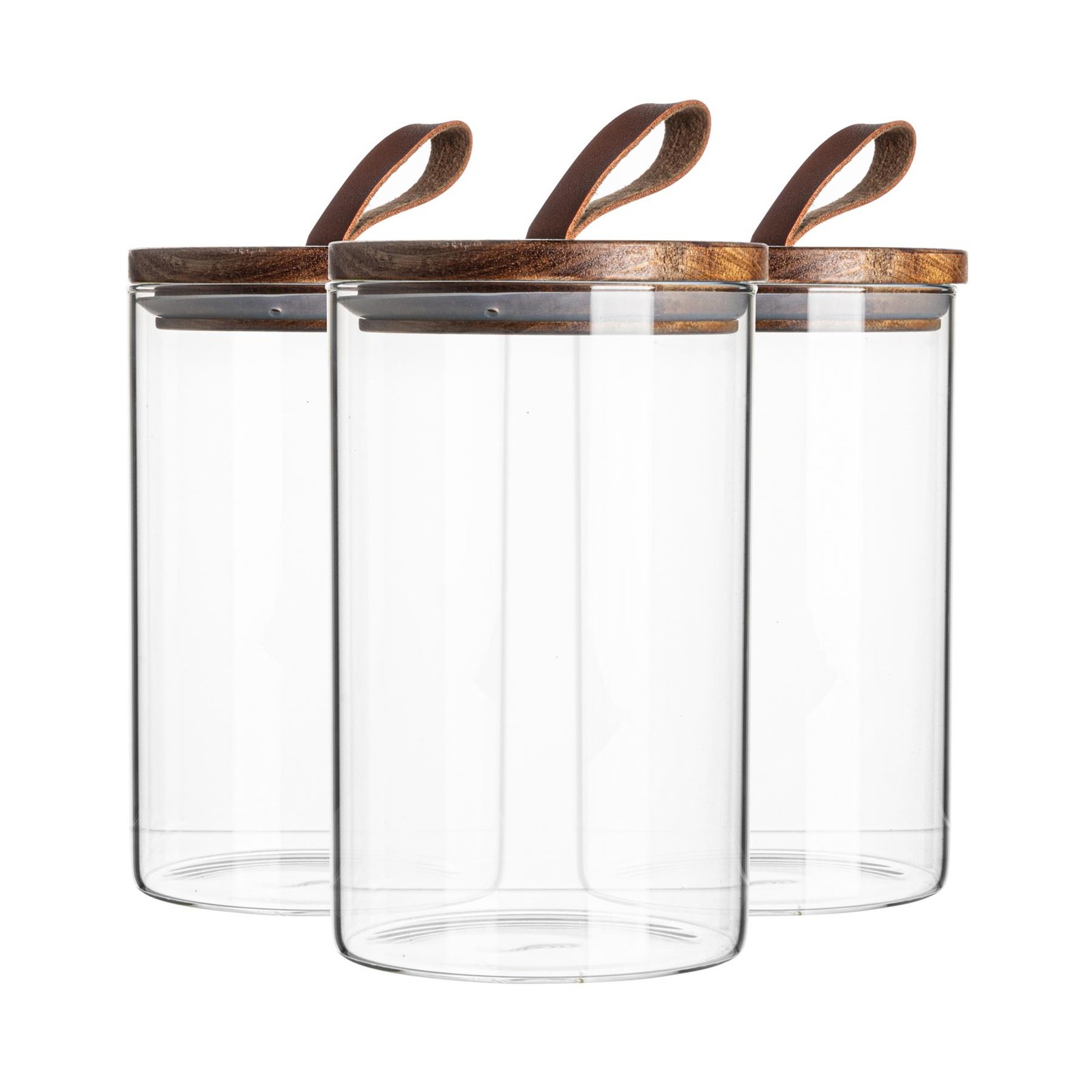 6x Scandi Storage Jar & Leather Loop Lid Food Kitchen Container 1 Litre Clear