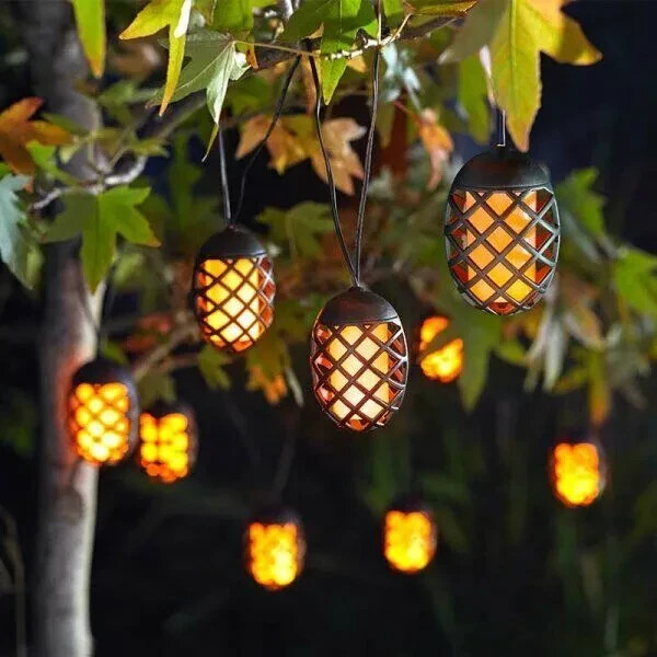 4.7m Solar LED String Lights 10pc Set Light Up Flame Effect Outdoor Lighting