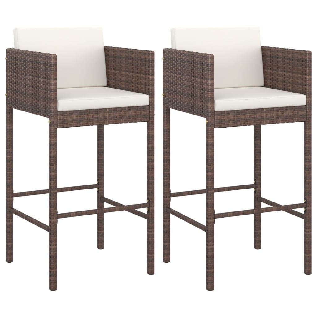 2x Bar Stools with Cushions Brown Poly Rattan Outdoor Lounge Set Chair vidaXL