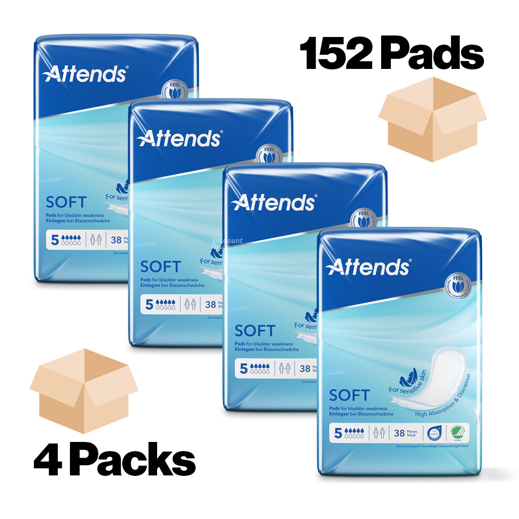 152x Attends Soft 5 Unisex Discreet Incontinence Pads - 4 Packs of 38 (152 Pads)