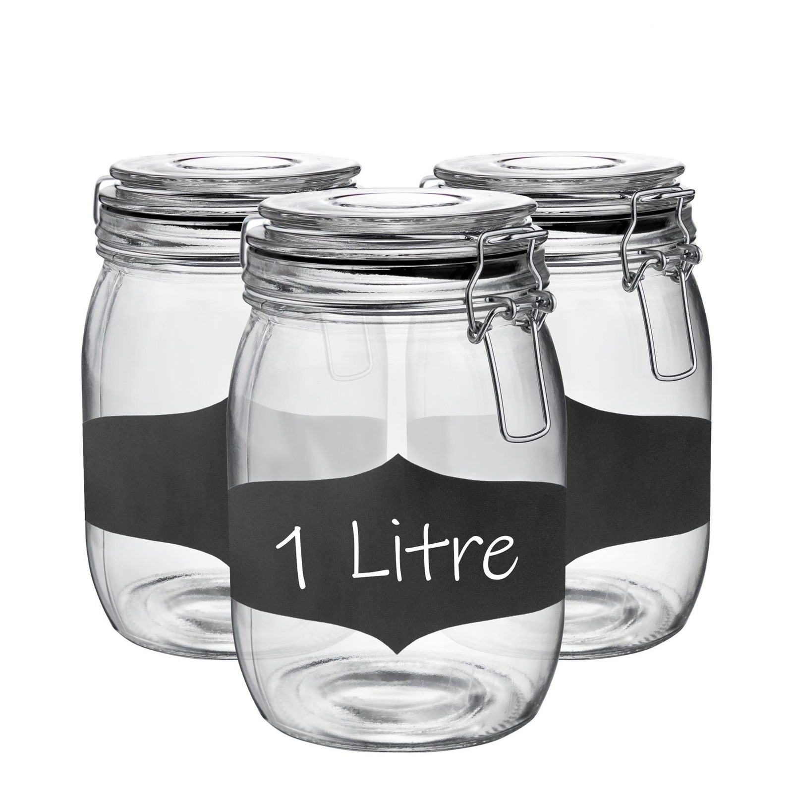 6x Glass Storage Jars Airtight Clip Lid Chalkboard Stickers 1L Set Black Seal