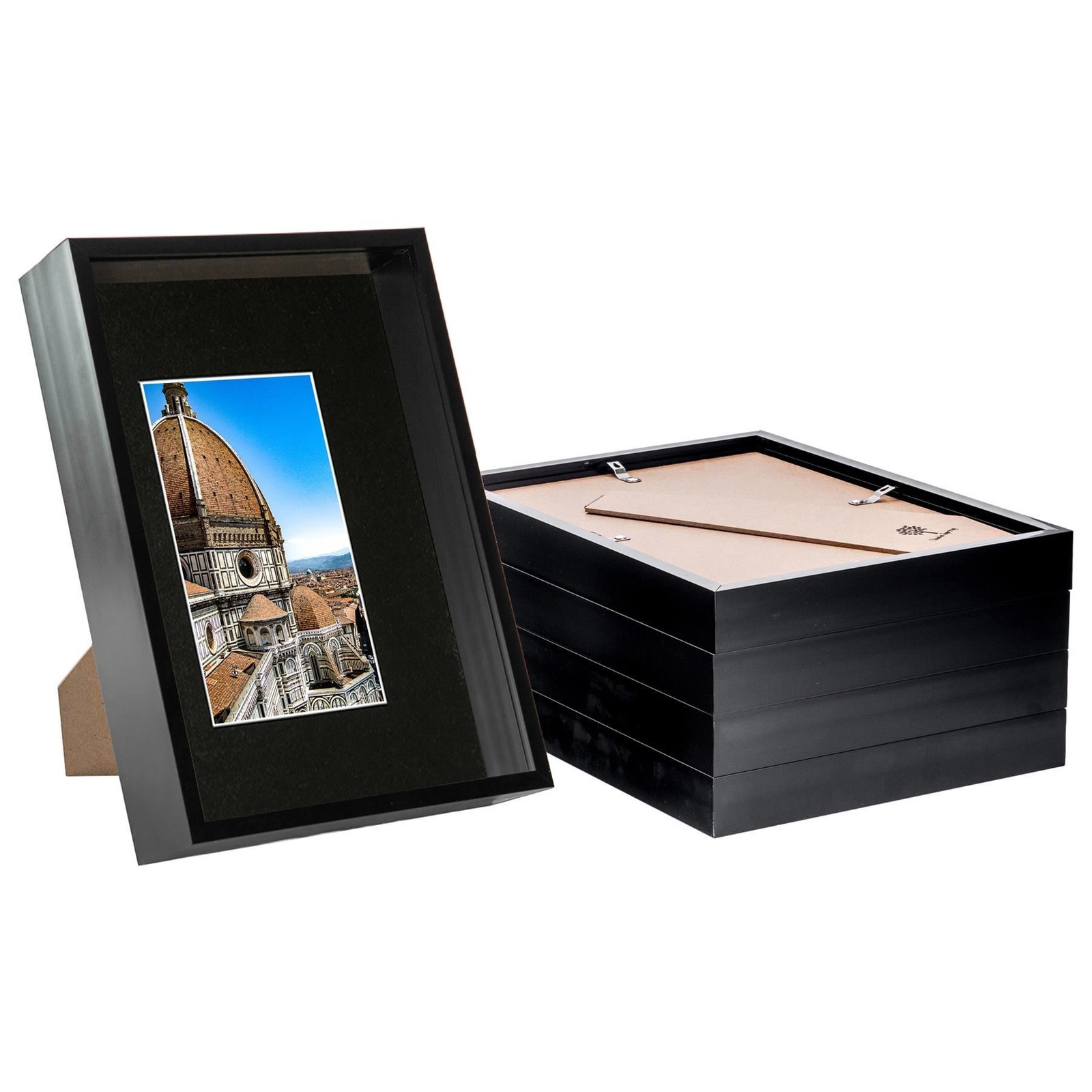 5x Black A4 (8" x 12") 3D Deep Box Frames with Black A5 Mount Shadow Display