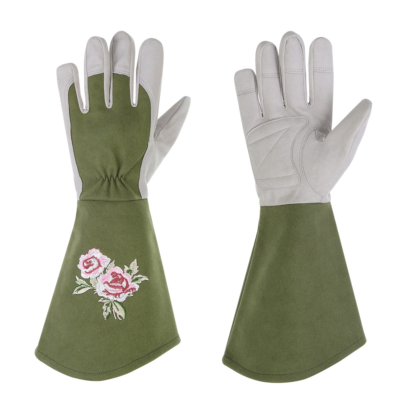 Women Gardening Glove Thorn Proof, Medium Extra Long Leather Glove, Green