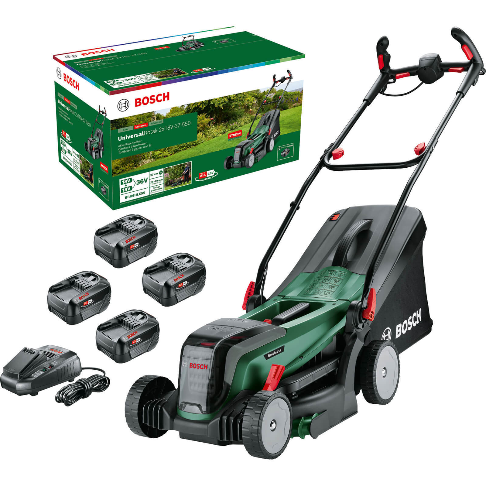 Bosch UNIVERSALROTAK 2X18V-37-550 P4A 36v Cordless Rotary Lawnmower 370mm 4 x 4a