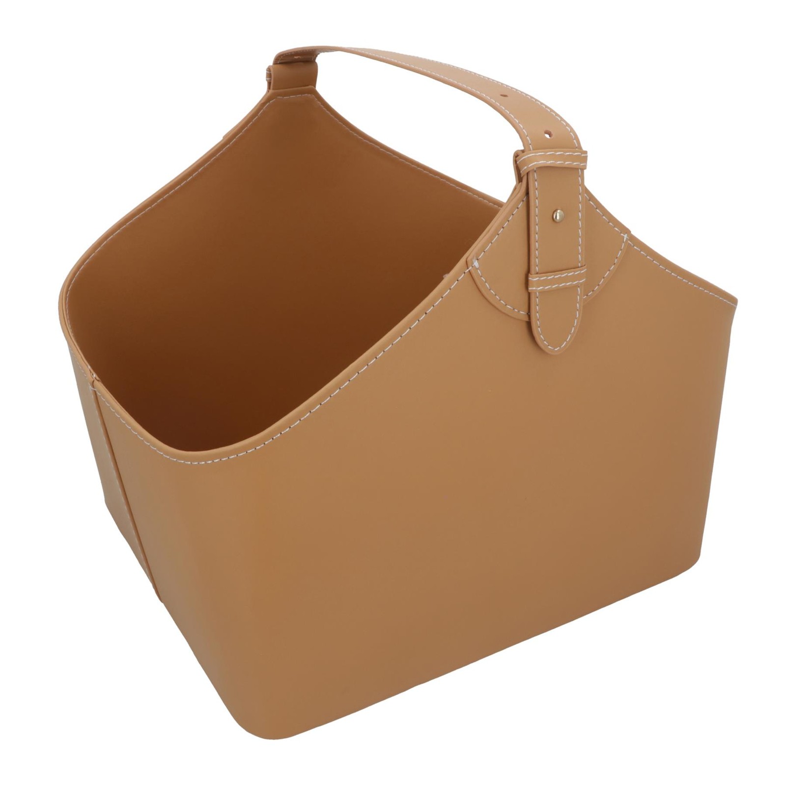 Large Brown Leather Firewood Storage Basket with Handle Log Branch Holder Bin