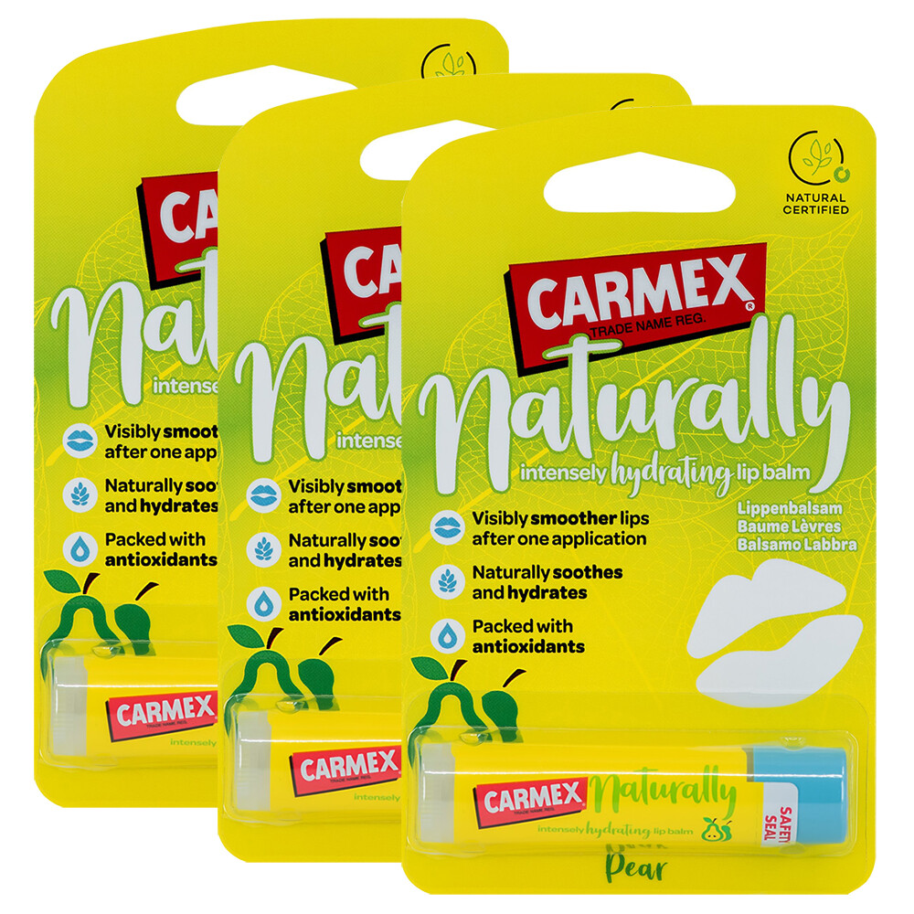 3 x Carmex NATURALLY Pear Lip Balm Natural Hydrating Moisturising Stick 4.25g