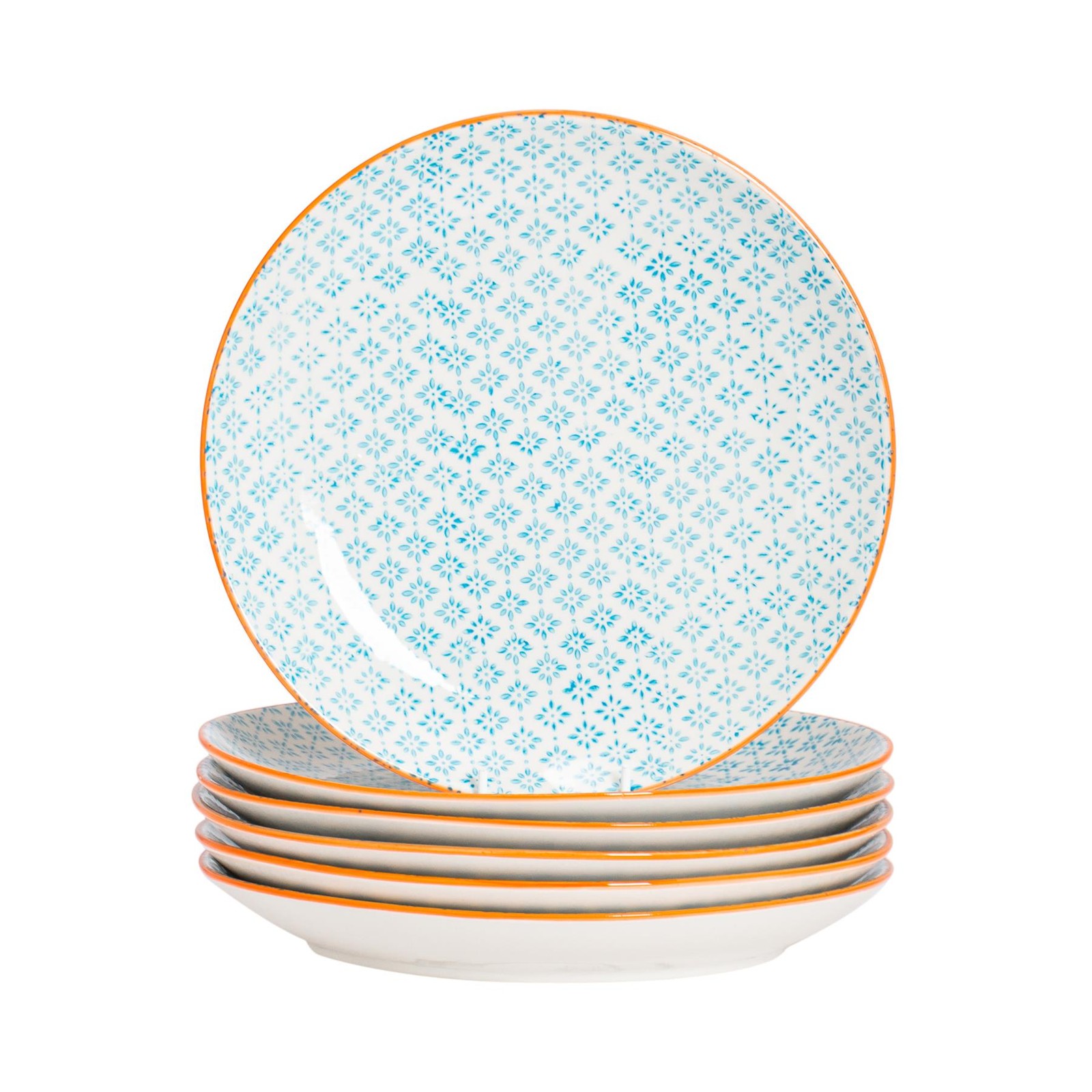 6x Hand-Printed Dinner Plates Japanese Porcelain Dining Crockery 25.5cm Blue