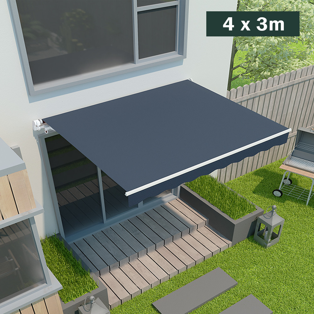 4x3m Retractable Awning Manual Outdoor Garden Canopy Patio Shade Shelter Blue UK