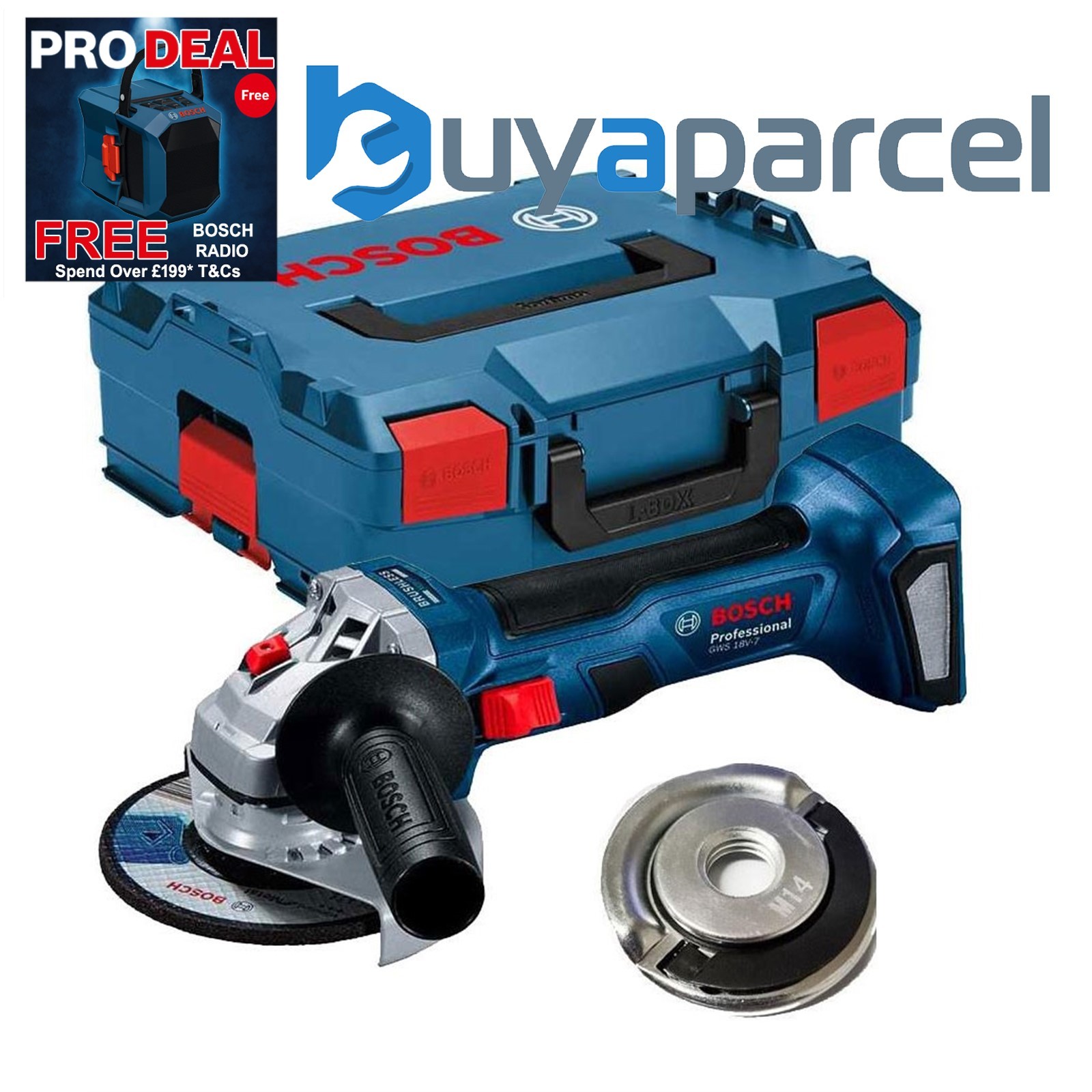 Bosch GWS 18V-7 125 18v 125mm Brushless Angle Grinder Bare L-BOXX + Flange Nut