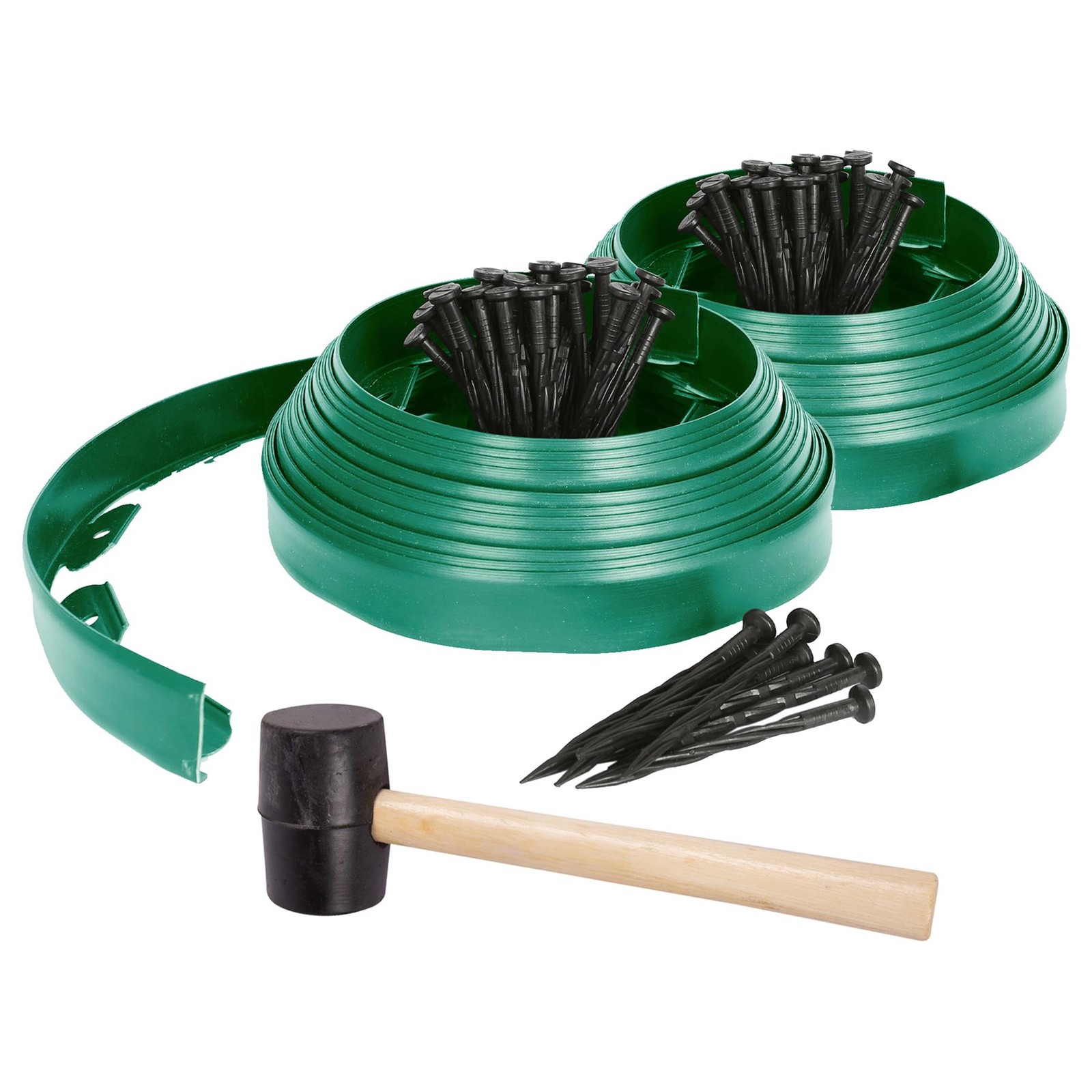 2x Flexible Plastic Lawn & Path Edging with 80 Pegs & Mallet 20m x 4cm Green