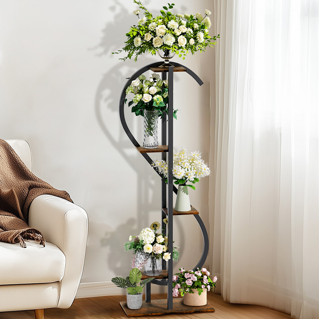 5-Tier Vertical S-Shaped Plant Stand Corner Flower Holder Shelf w/hanging Hooks