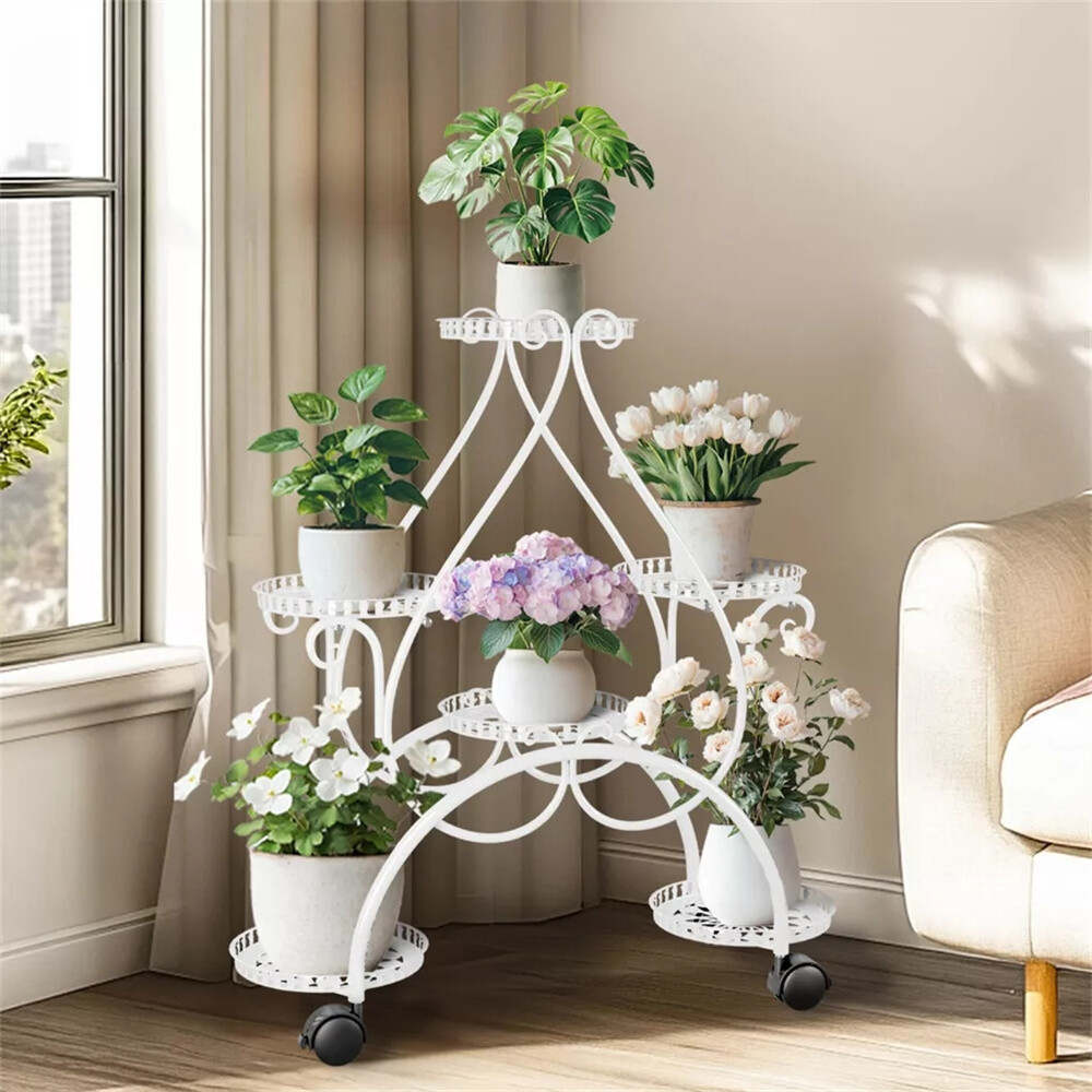 Portable White Metal Plant Stand 6 Potted Flower Holder Curved Line Frame Shelf