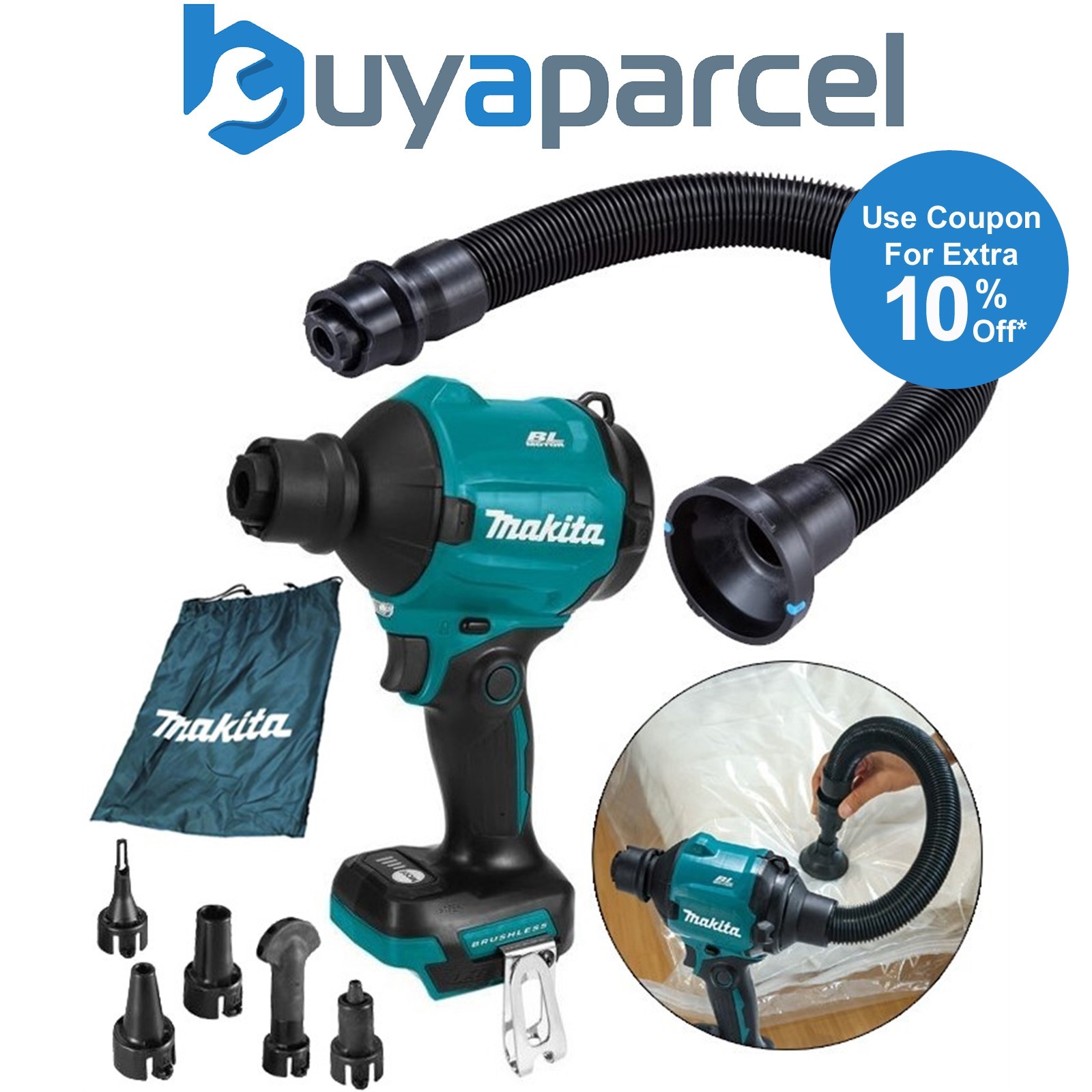 Makita DAS180Z 18v Brushless Dust Blower Inflator Deflator LXT + 5 Nozzle + Hose
