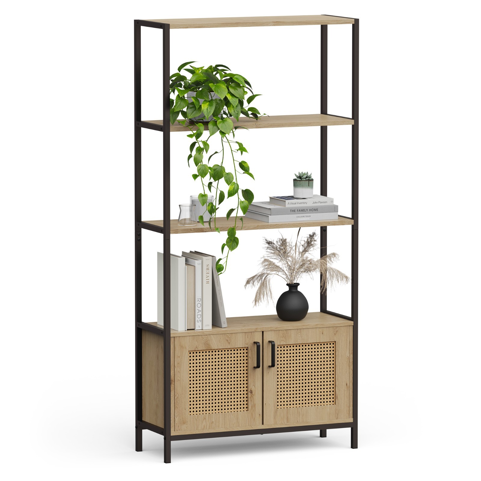 Rattan Effect Bookcase for Living Room, Bookshelf with 3 Open Shelves, Vonhaus