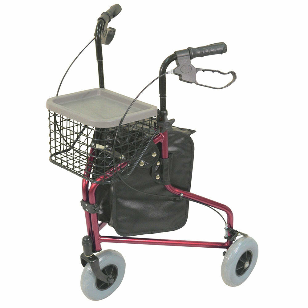 Red Foldable Aluminium Tri-Walker - Bag AND Basket Included - 132kg Weight Limit