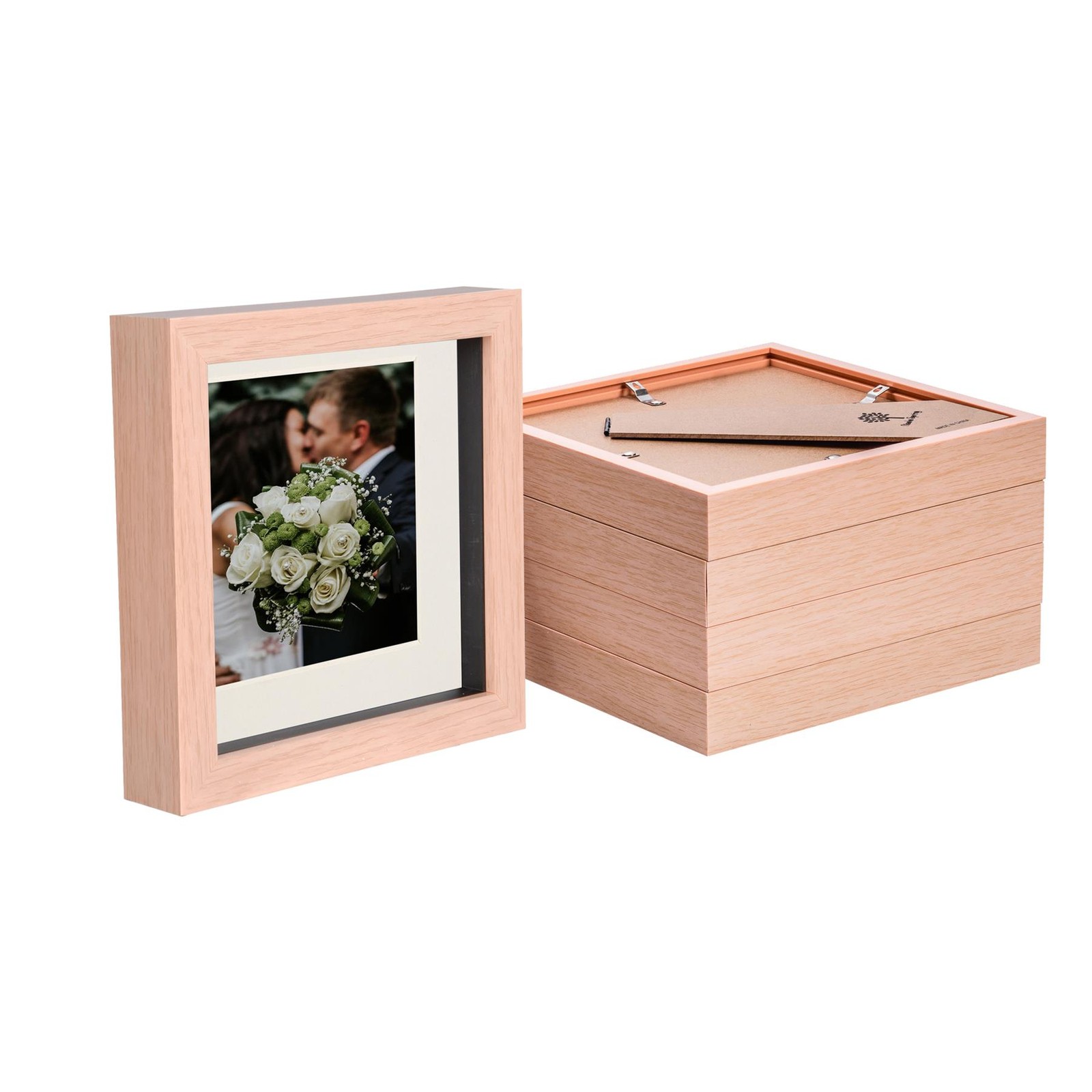 5x Light Wood 6" x 6" 3D Box Photo Frames Ivory 4" x 4" Mount Shadow Picture