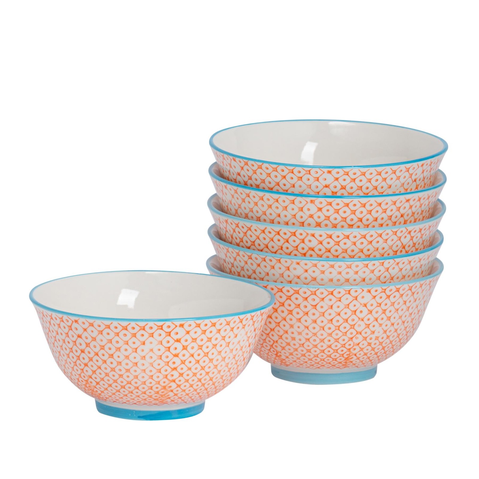 6x Hand-Printed Cereal Bowls Porcelain Breakfast Dining Crockery 16cm Orange