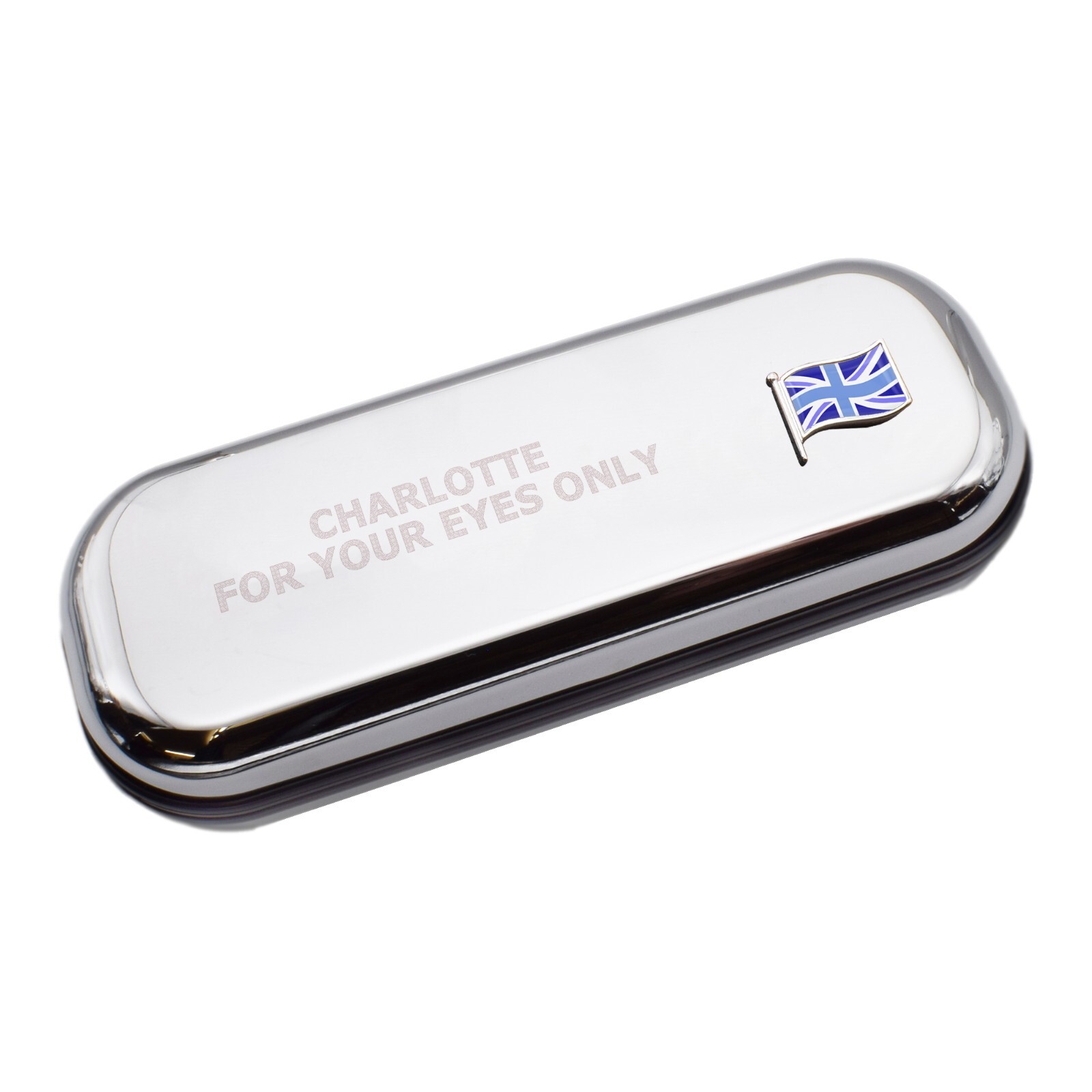 UK Blue Wave Flag & Engraved With Message Chromed Glasses Case Box