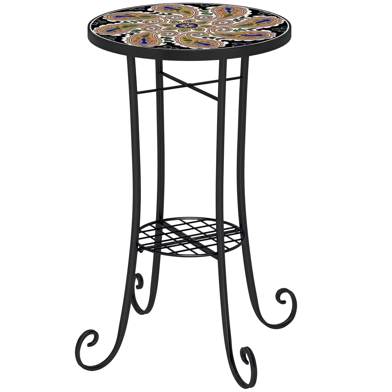 Outsunny 35.5cm Round Mosaic Garden Side Table Plant Stand w/ Shelf, Orange
