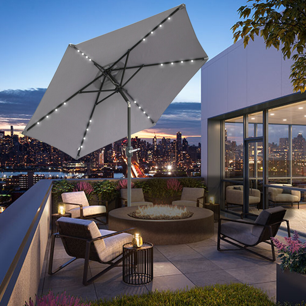2.5M Solar Garden LED Parasol Sun Shade Patio Umbrella with Tilt Crank Grey