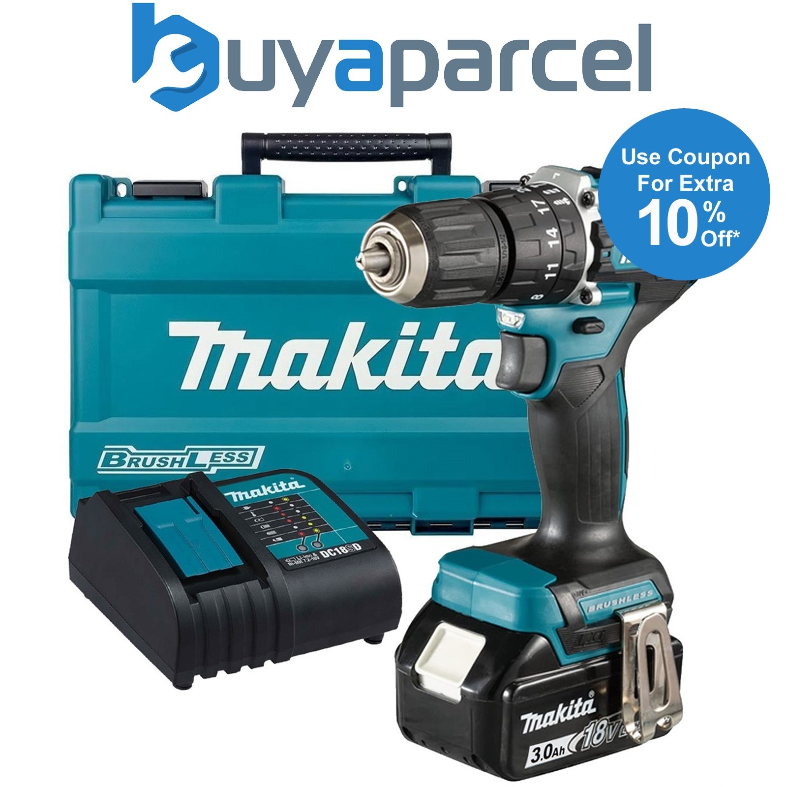 Makita DHP487 18V LXT Lithium Brushless Combi Hammer Drill Sub Compact 1 x 3AH