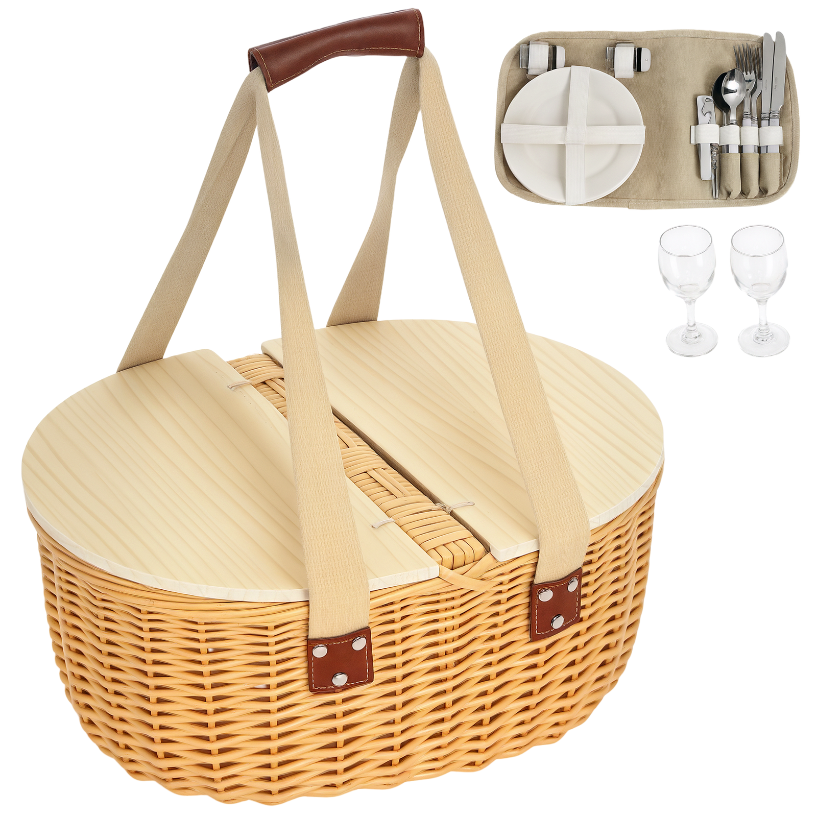 Outsunny Wicker Picnic Basket for 2 with Pine Wood Lid, Light Brown