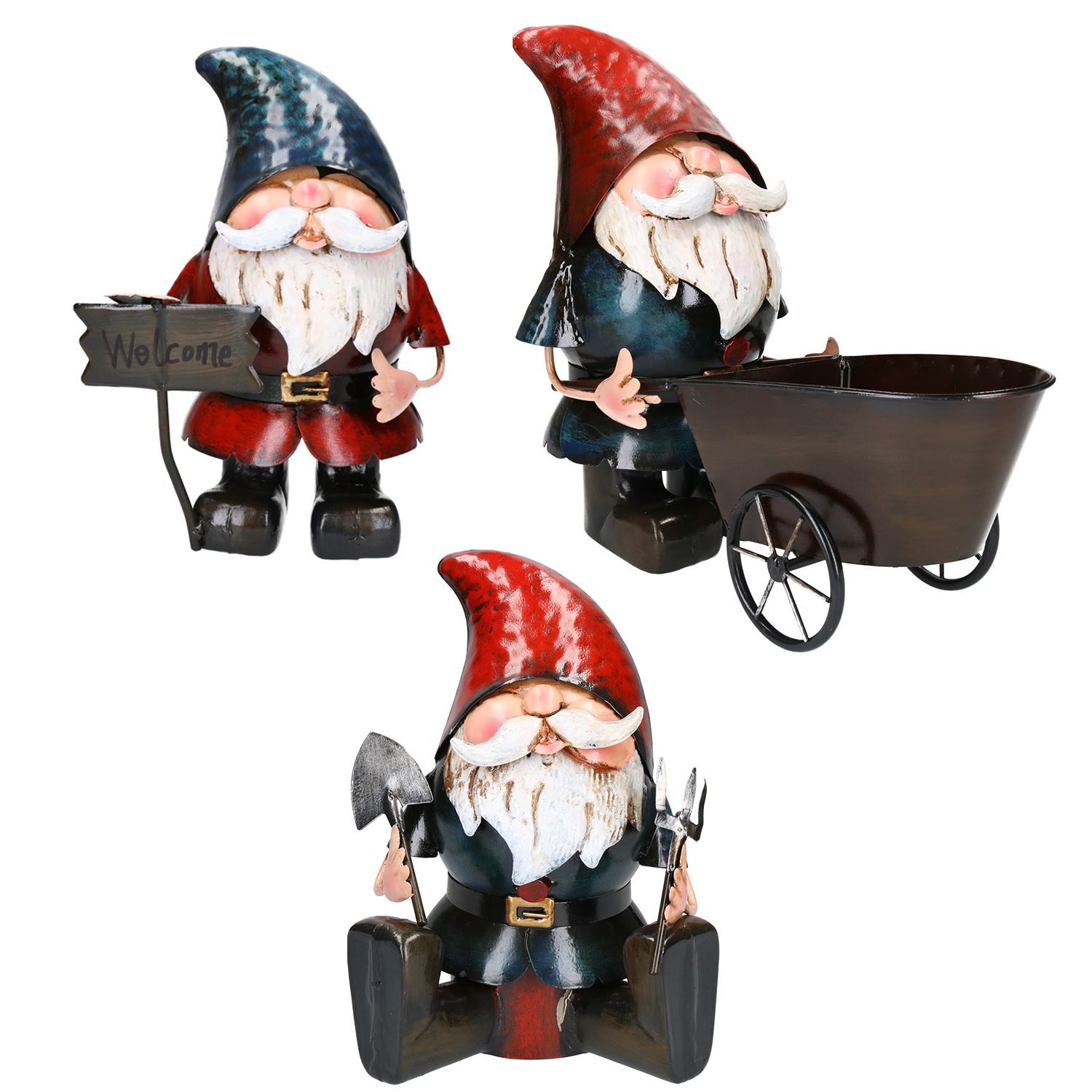 3PK Hand Painted Metal Garden Home Gnome Ornament Set Home Garden Gift
