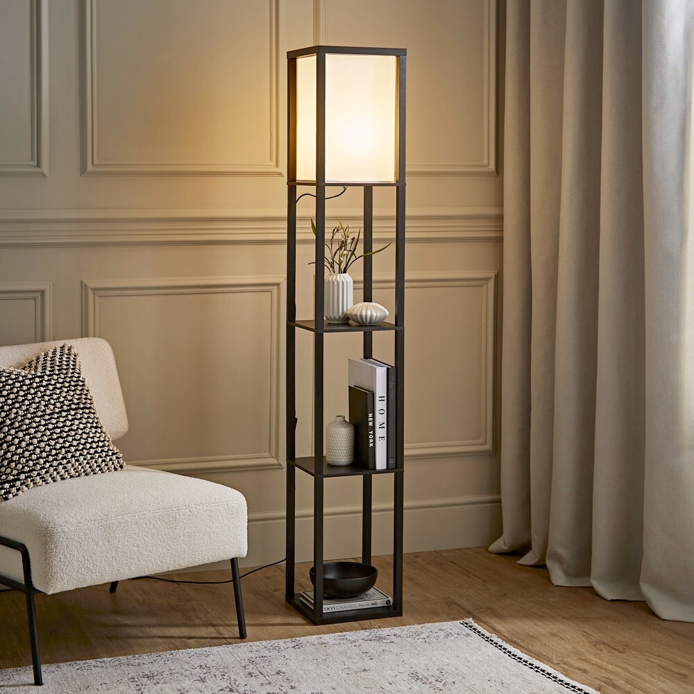 Floor Lamp Shelves Standard Shelf Storage Wooden Standing Living Room Light
